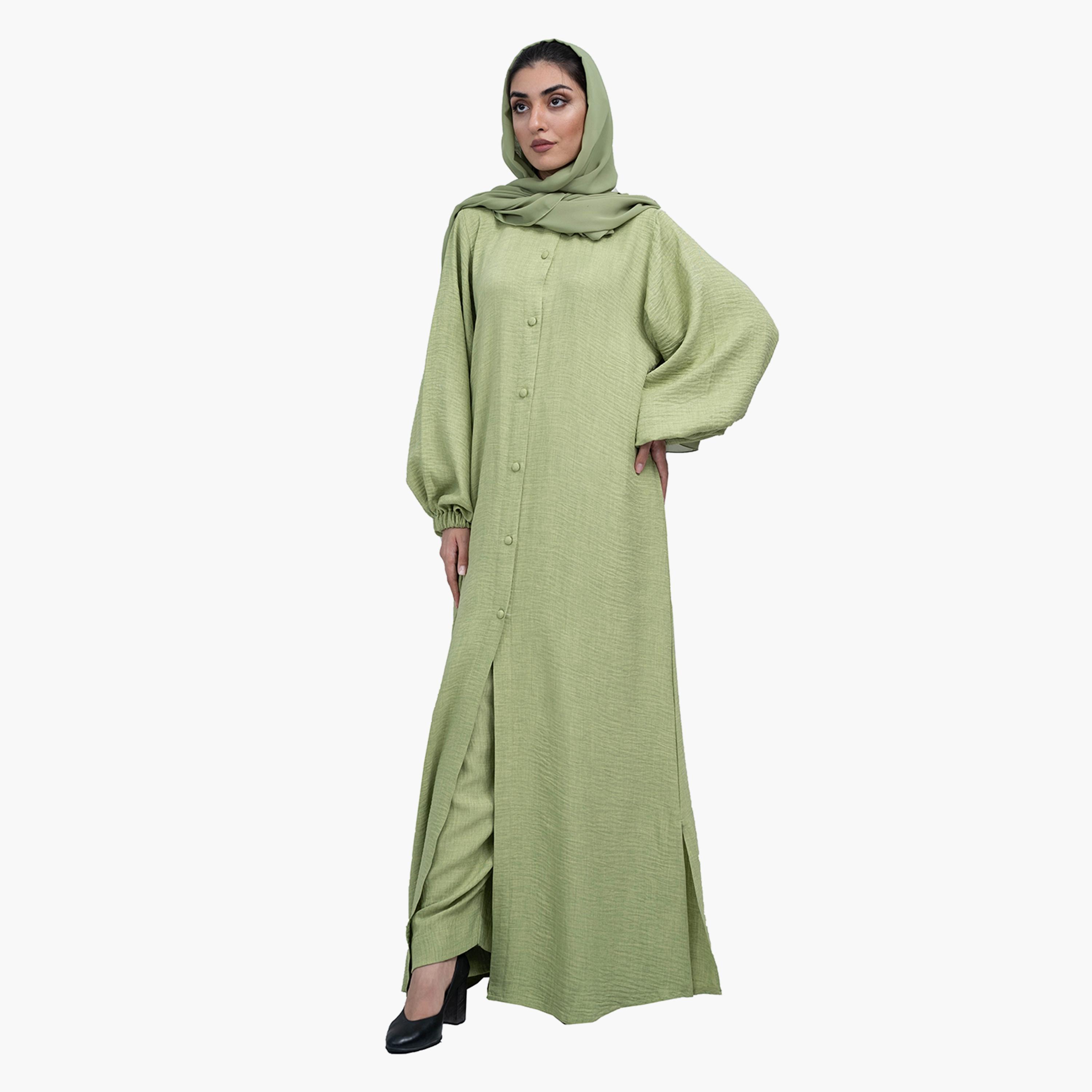 Nukhbaa 2-Piece Pastel Green Textured Elastic Cuff Sleeves Crape Nida Co-Ord Set with Hijab-women-arabicclothing-sets-image-1