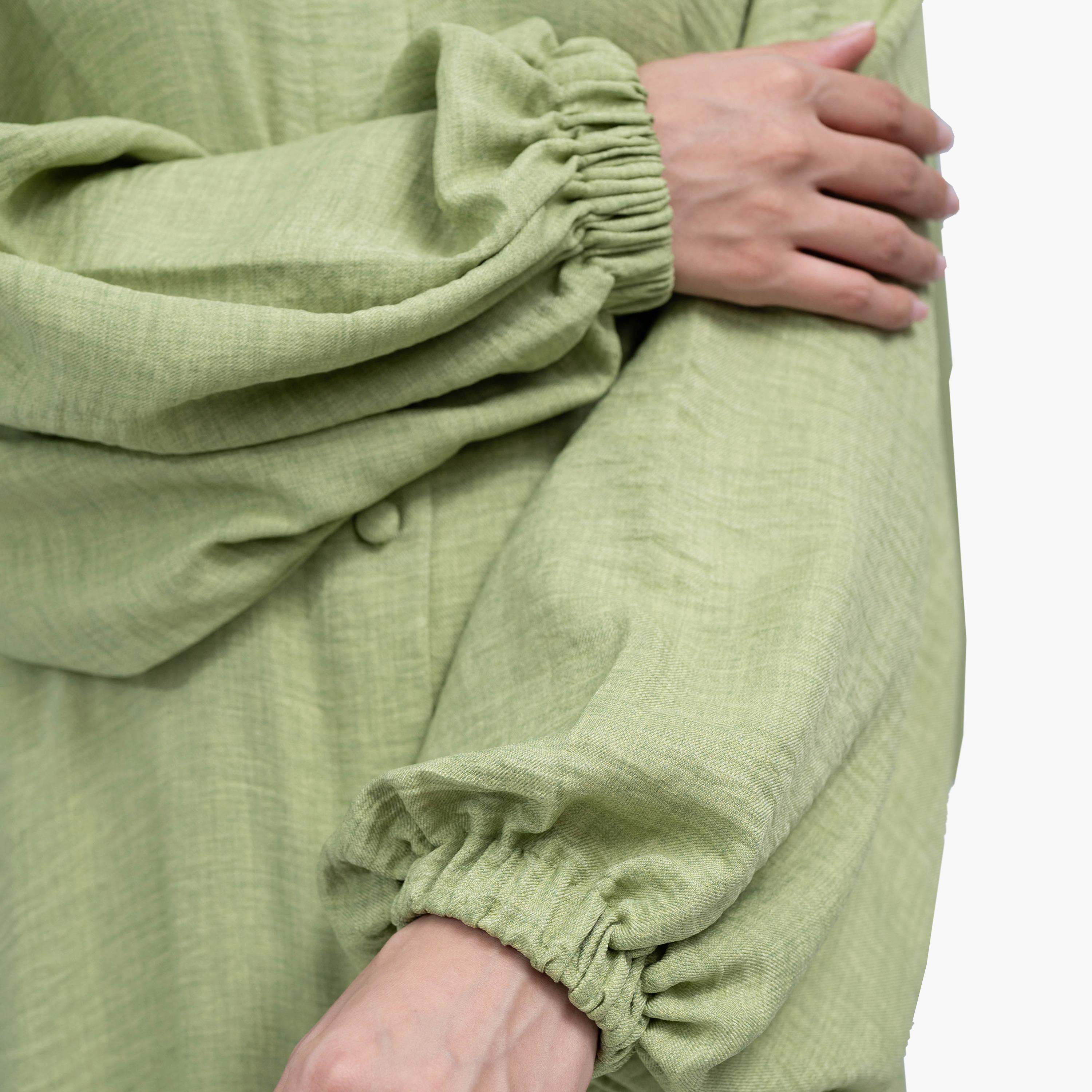 Nukhbaa 2-Piece Pastel Green Textured Elastic Cuff Sleeves Crape Nida Co-Ord Set with Hijab-women-arabicclothing-sets-image-2