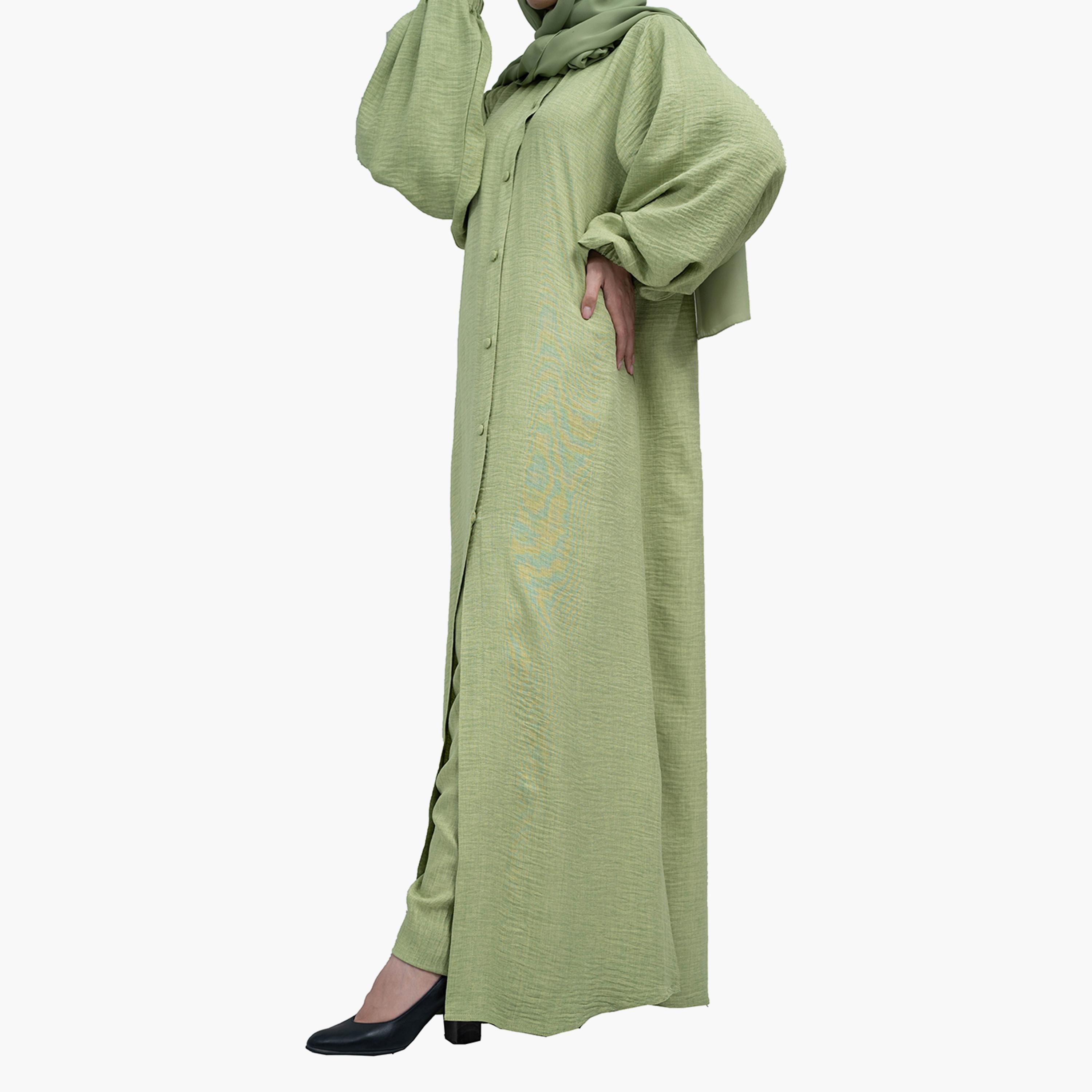 Nukhbaa 2-Piece Pastel Green Textured Elastic Cuff Sleeves Crape Nida Co-Ord Set with Hijab-women-arabicclothing-sets-image-4
