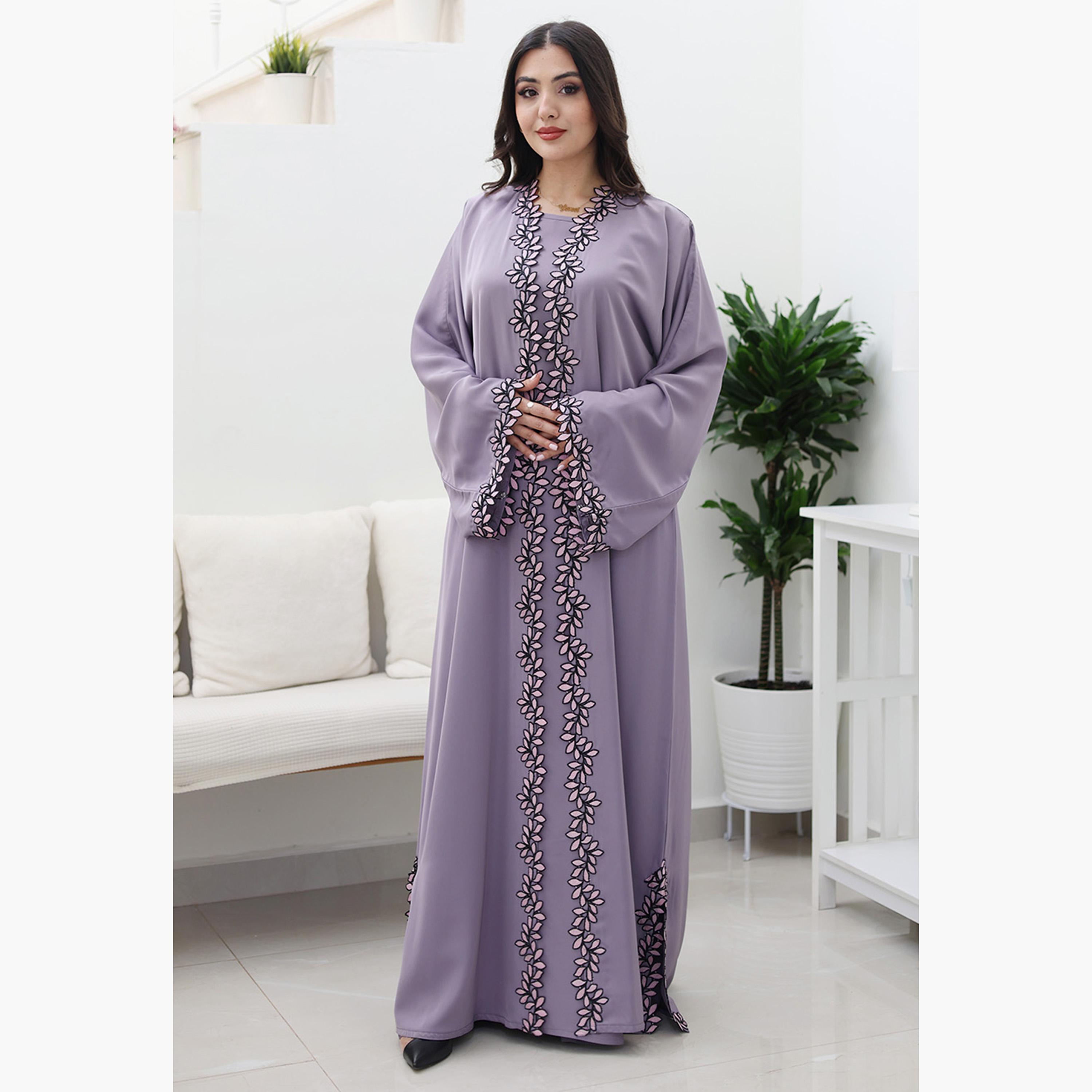 Nukhbaa Floral Embroidered Lace Flared Sleeves Nida Women's Evening Abaya-women-arabicclothing-abayas-image-1