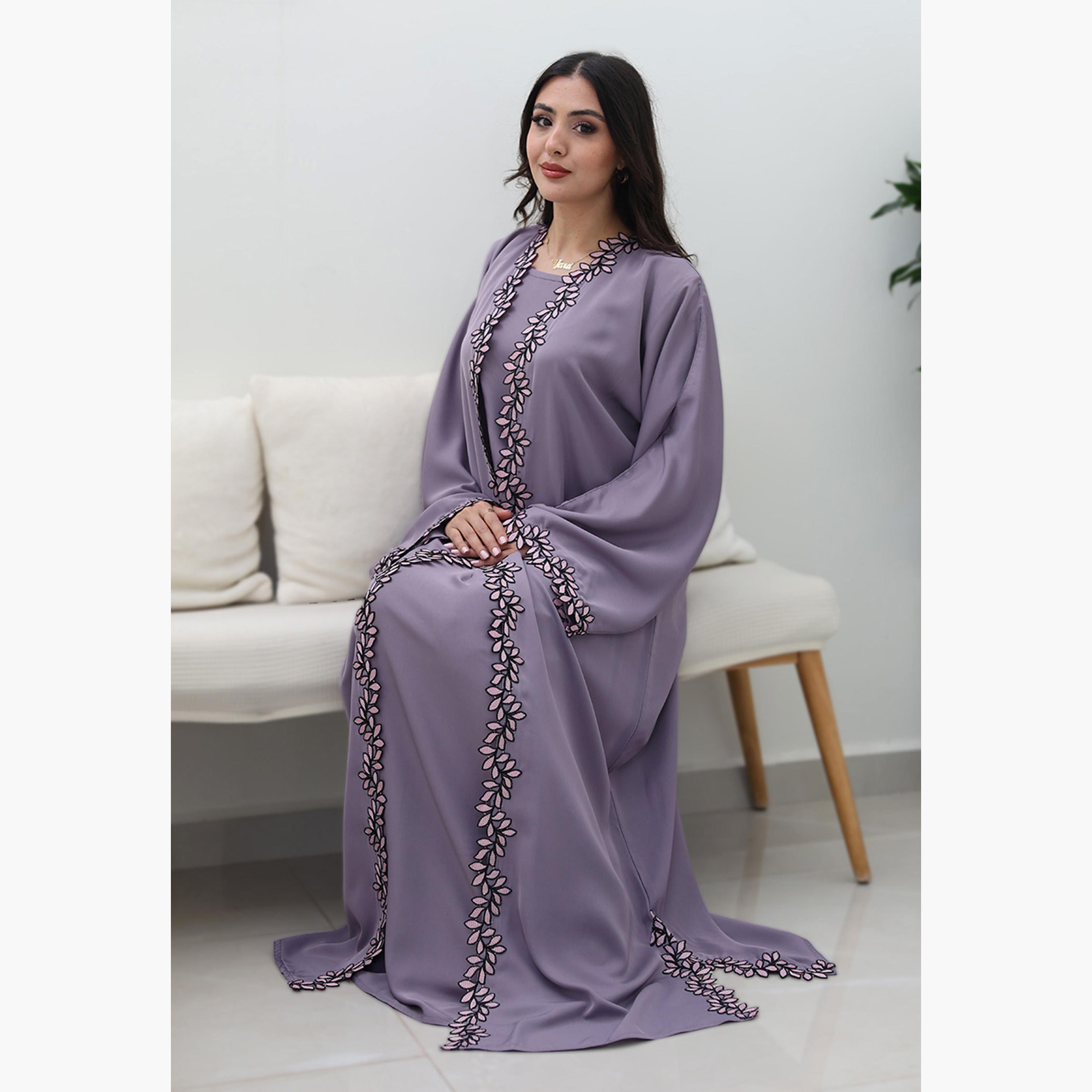Nukhbaa Floral Embroidered Lace Flared Sleeves Nida Women's Evening Abaya-women-arabicclothing-abayas-image-3
