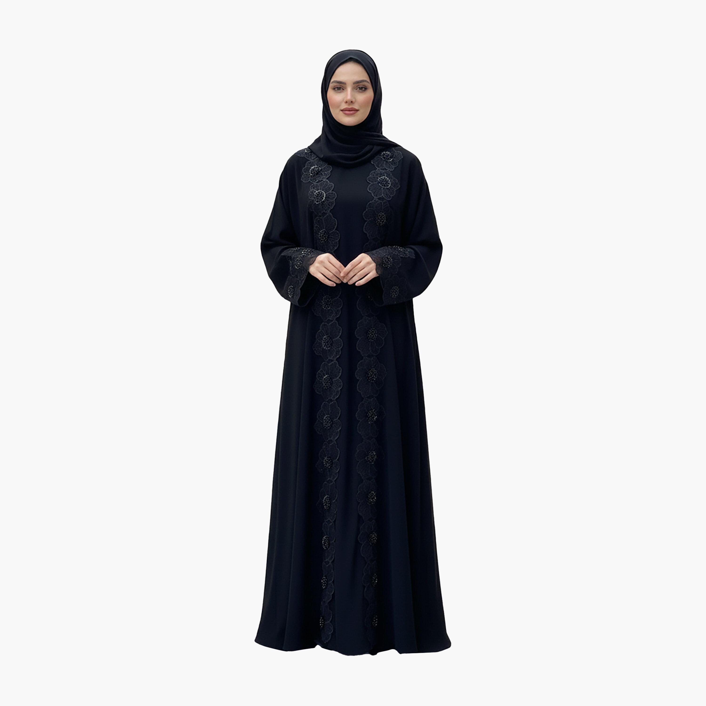عباية سهرة نيدا نسائية سوداء مطرزة بنقشة الزهور مع بطانة داخلية وحجاب مطابق من نخبة-women-arabicclothing-abayas-image-1