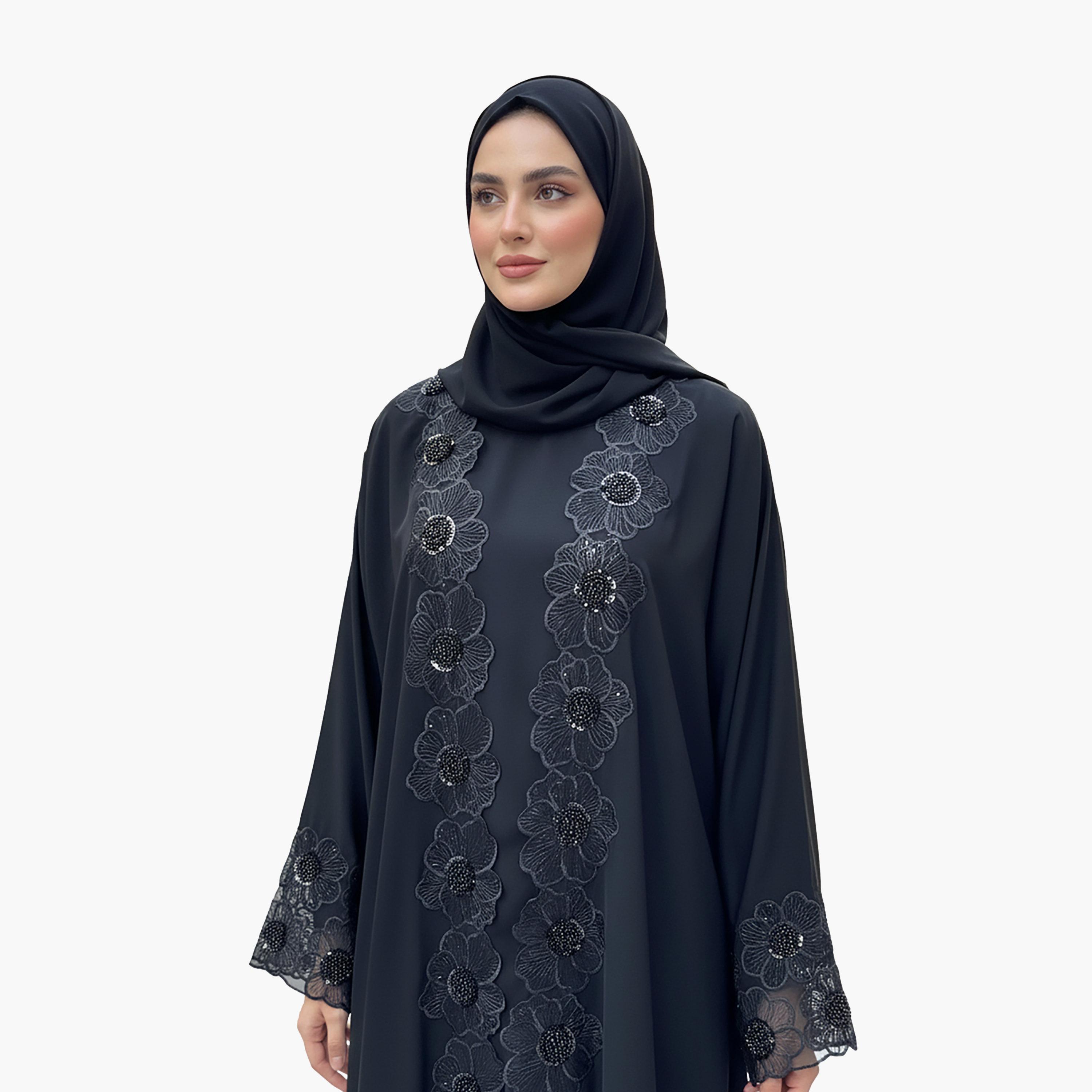 عباية سهرة نيدا نسائية سوداء مطرزة بنقشة الزهور مع بطانة داخلية وحجاب مطابق من نخبة-women-arabicclothing-abayas-image-2