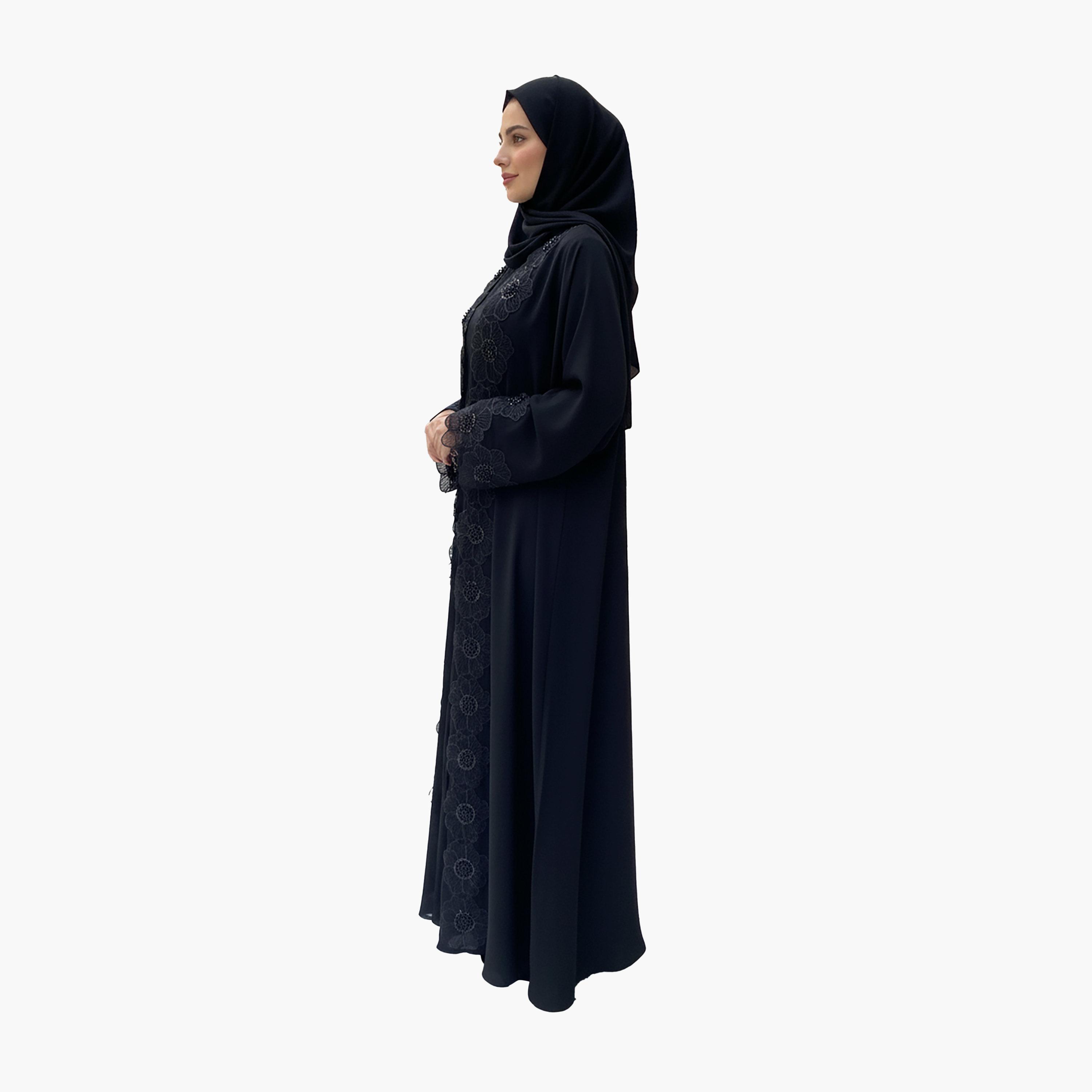 عباية سهرة نيدا نسائية سوداء مطرزة بنقشة الزهور مع بطانة داخلية وحجاب مطابق من نخبة-women-arabicclothing-abayas-image-3