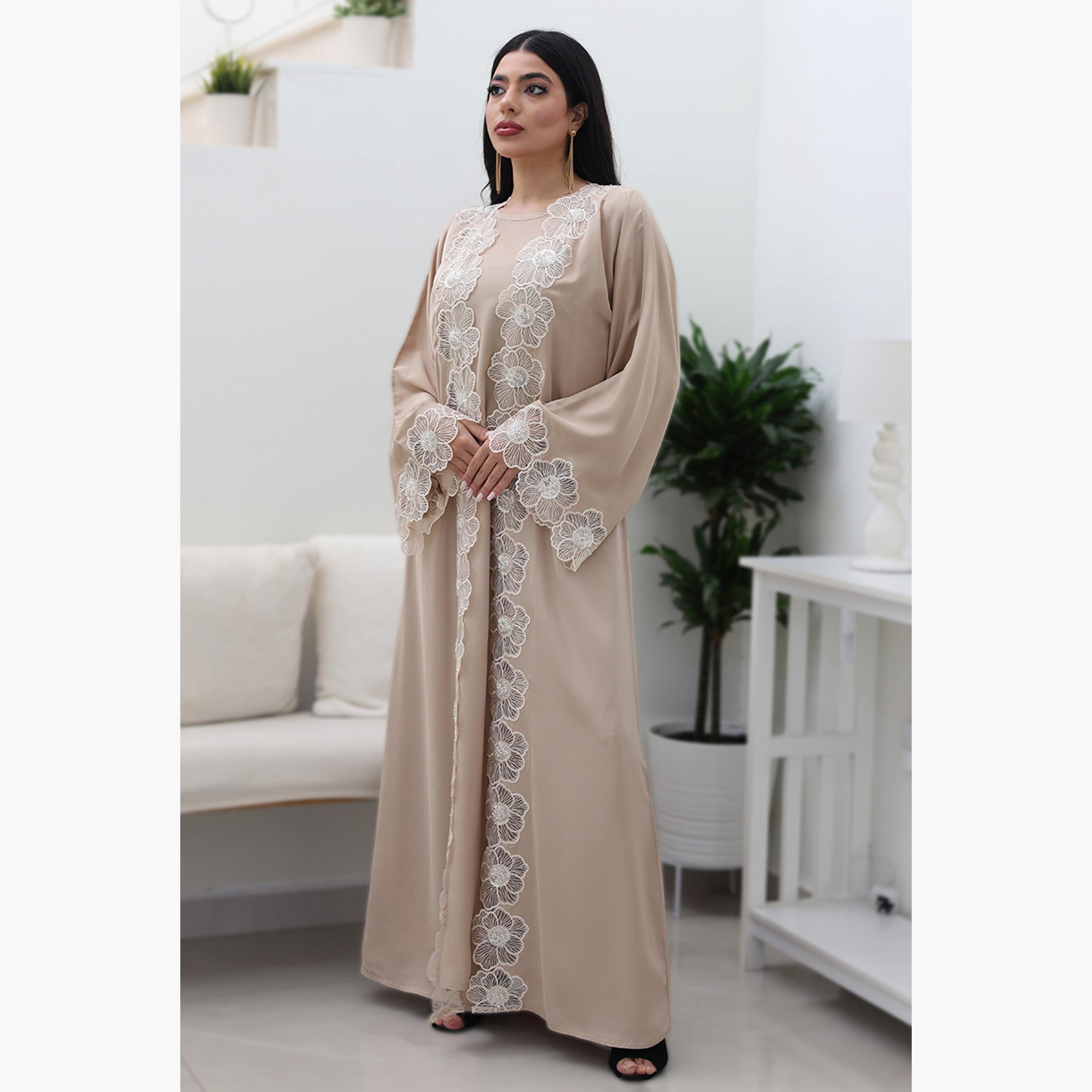 Nukhbaa Floral Embroidered Lace Flared Sleeves Nida Women's Evening Abaya-women-arabicclothing-abayas-image-1