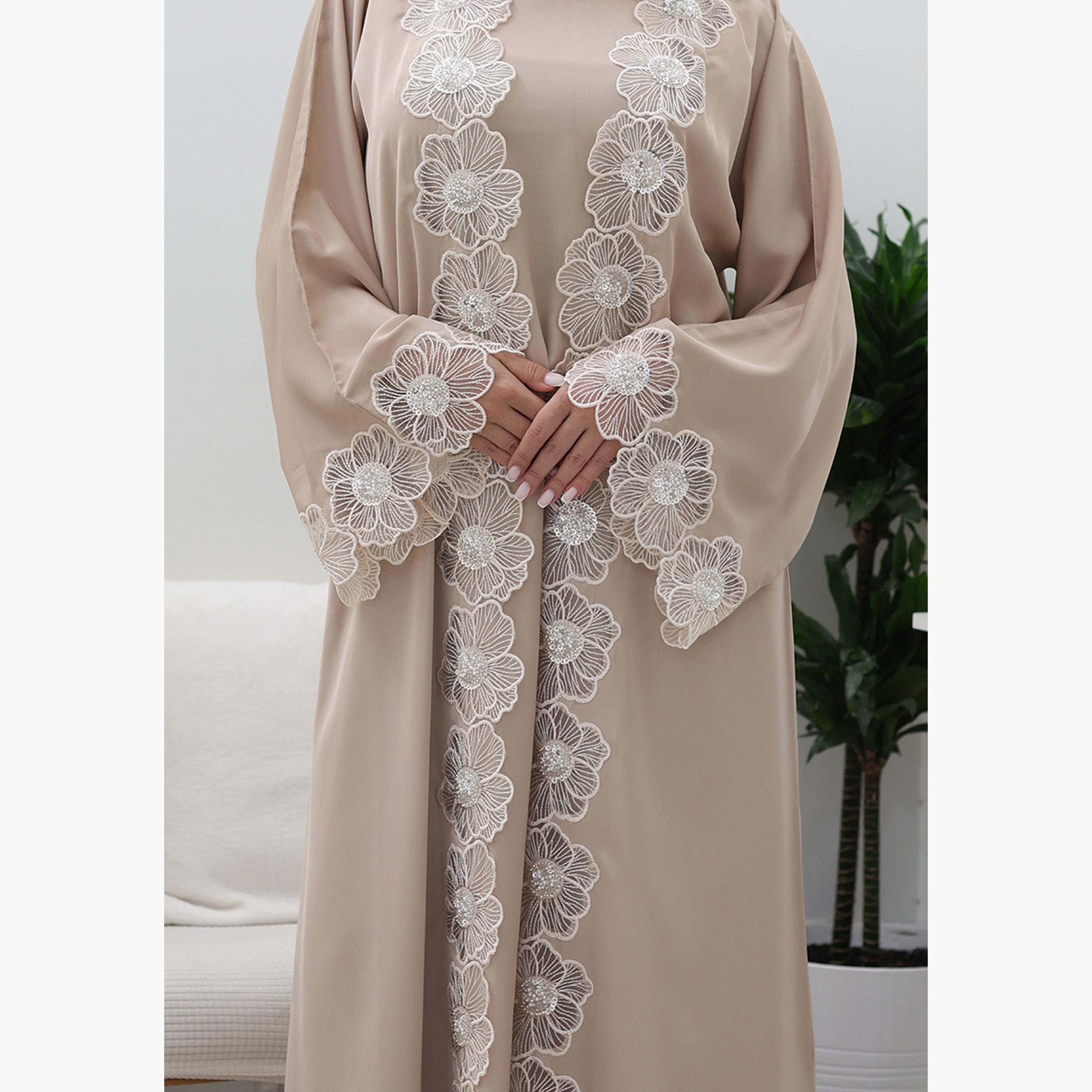 Nukhbaa Floral Embroidered Lace Flared Sleeves Nida Women's Evening Abaya-women-arabicclothing-abayas-image-2