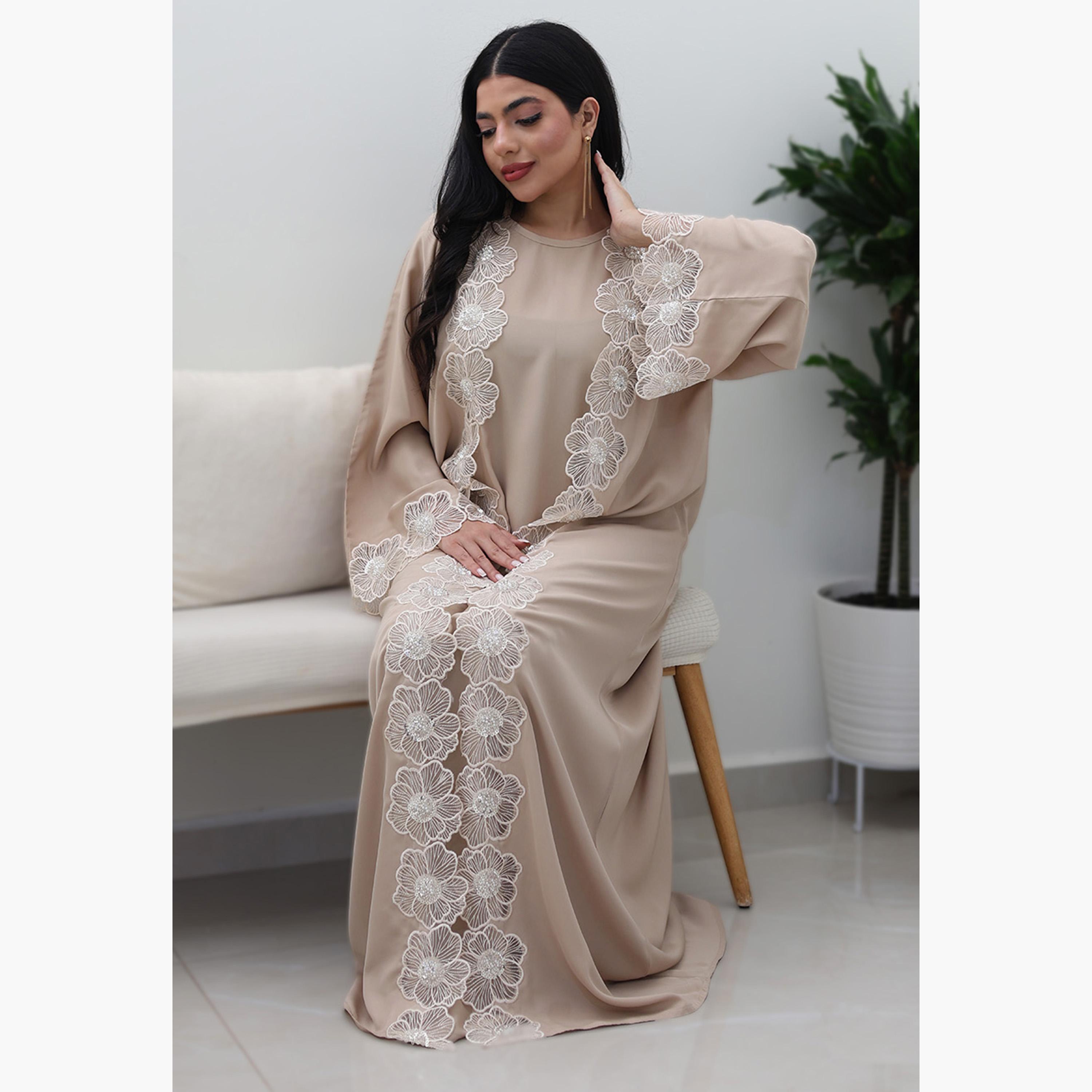 Nukhbaa Floral Embroidered Lace Flared Sleeves Nida Women's Evening Abaya-women-arabicclothing-abayas-image-3