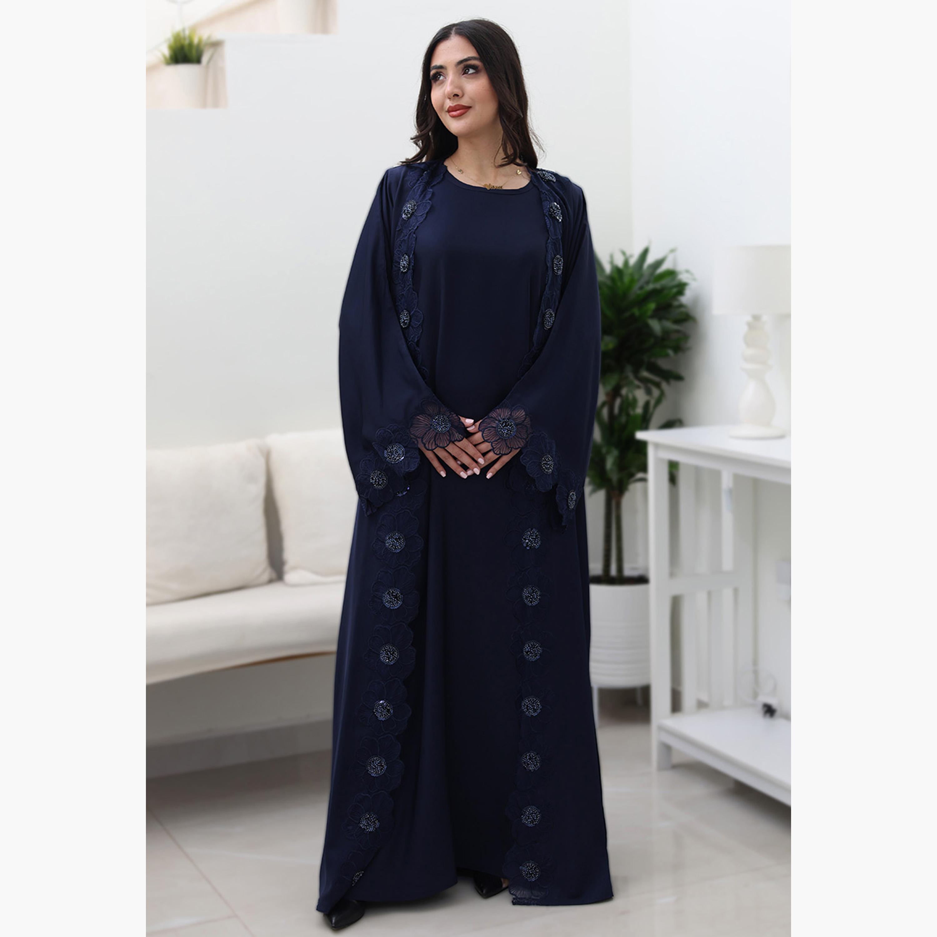 Nukhbaa Floral Embroidered Lace Flared Sleeves Nida Women's Evening Abaya-women-arabicclothing-abayas-image-1