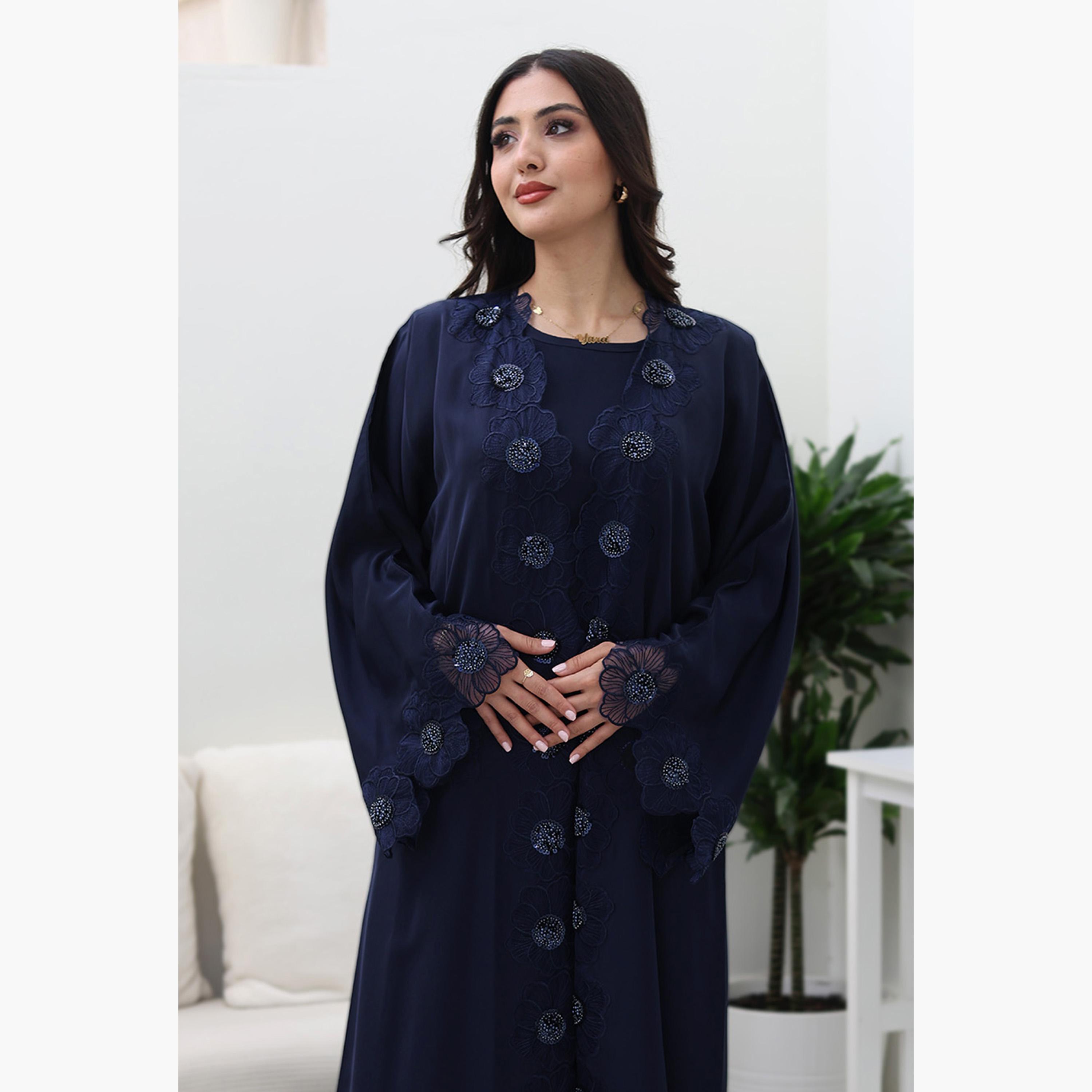 Nukhbaa Floral Embroidered Lace Flared Sleeves Nida Women's Evening Abaya-women-arabicclothing-abayas-image-2