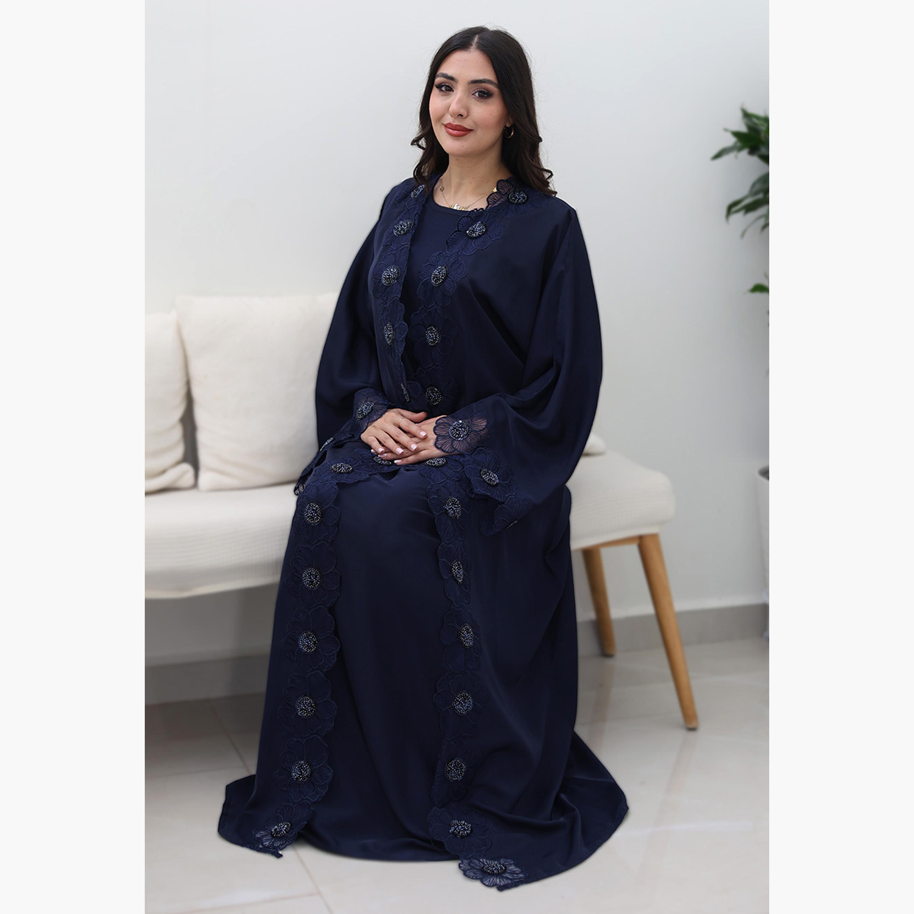 Nukhbaa Floral Embroidered Lace Flared Sleeves Nida Women's Evening Abaya-women-arabicclothing-abayas-image-3
