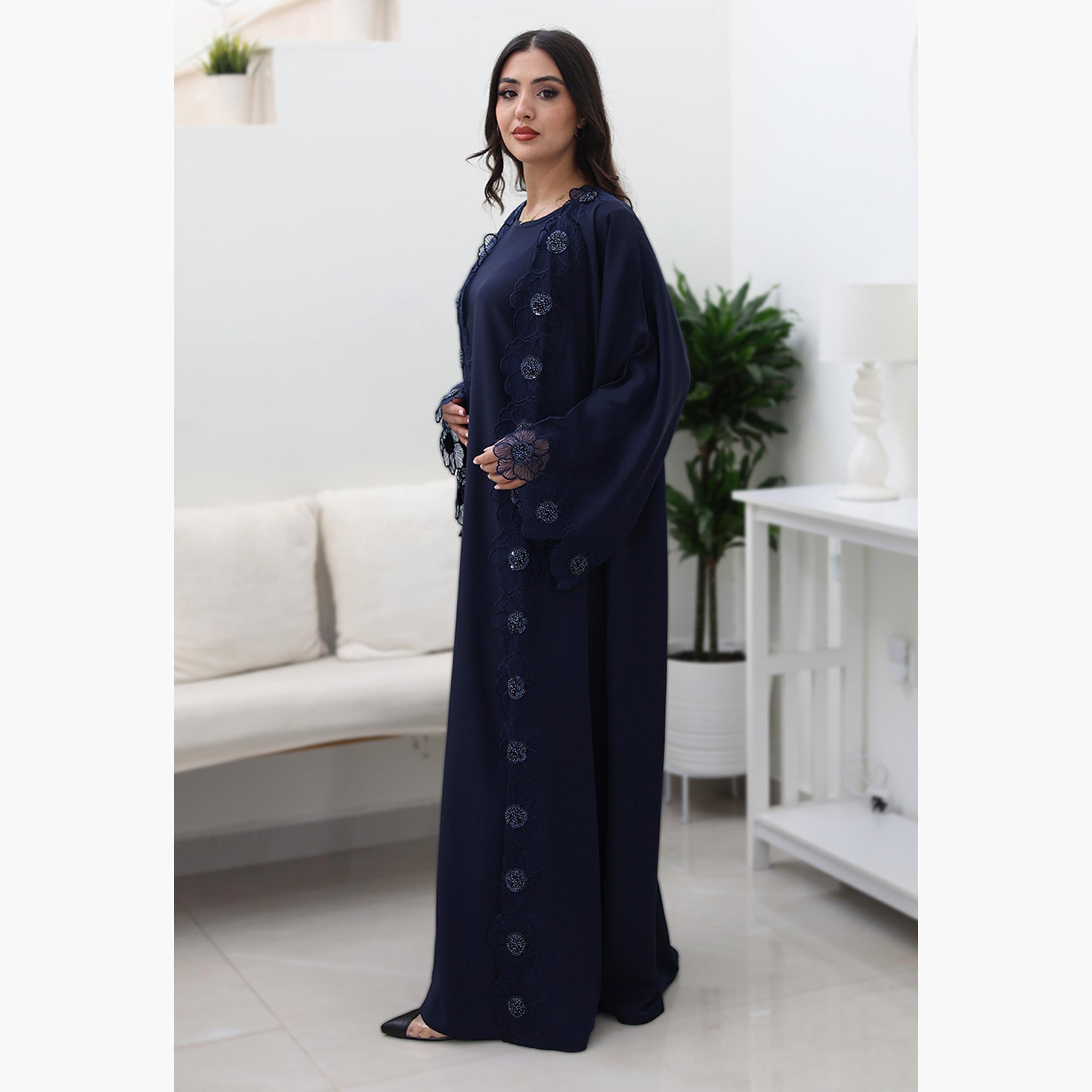 Nukhbaa Floral Embroidered Lace Flared Sleeves Nida Women's Evening Abaya-women-arabicclothing-abayas-image-4
