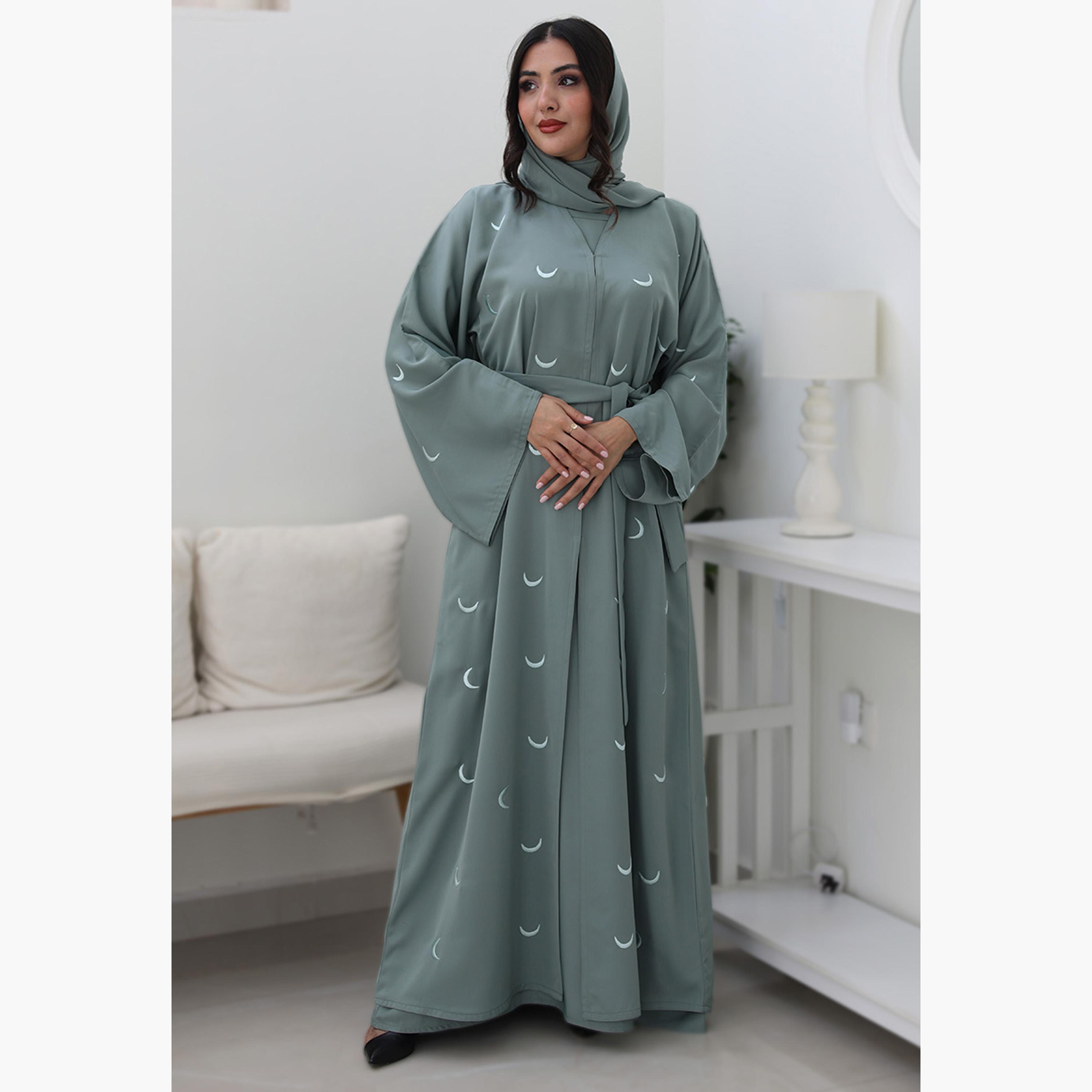 Nukhbaa Cyan Geometric Embroidered Flared Sleeves Nida Women's Evening Abaya with Hijab-women-arabicclothing-abayas-image-1
