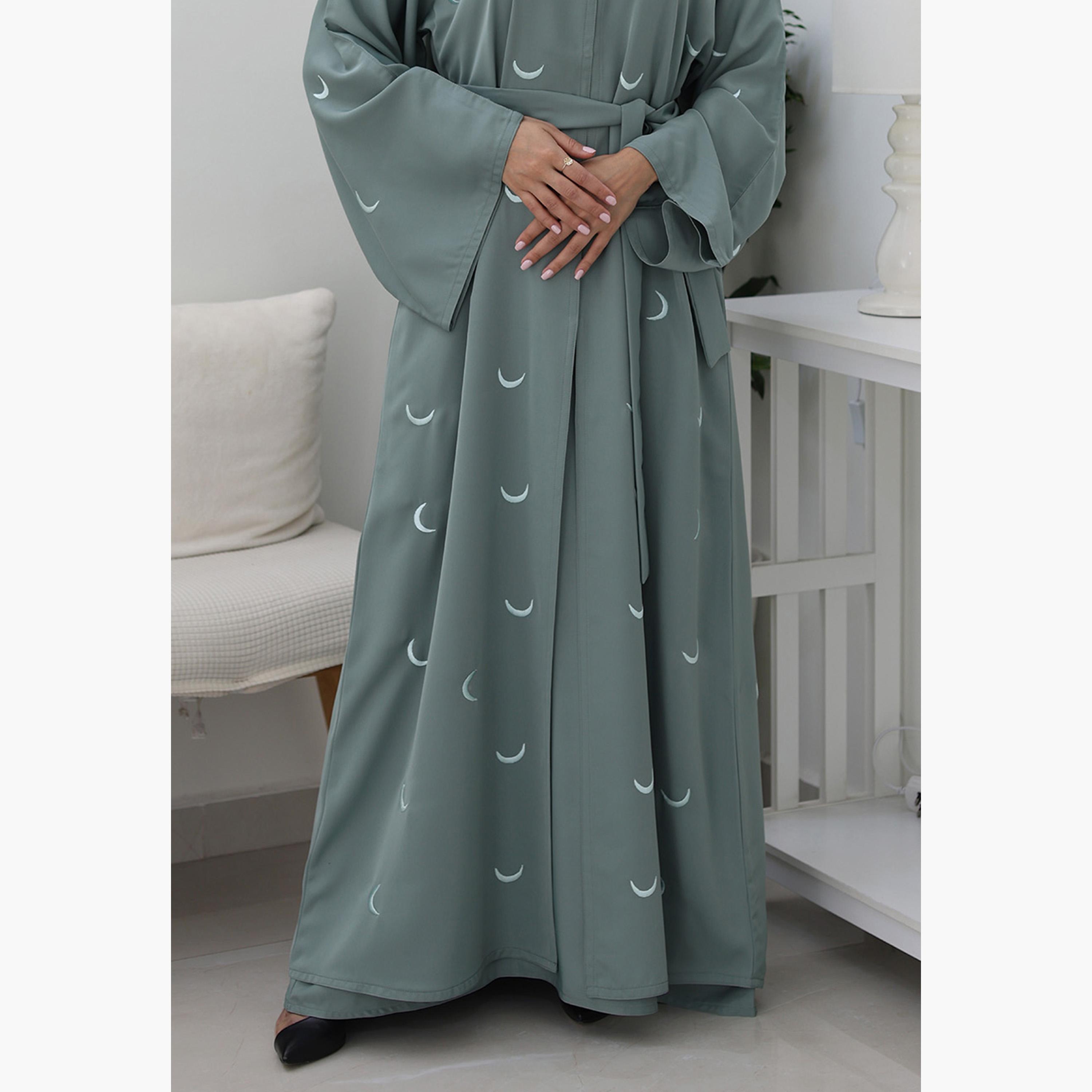 Nukhbaa Cyan Geometric Embroidered Flared Sleeves Nida Women's Evening Abaya with Hijab-women-arabicclothing-abayas-image-2
