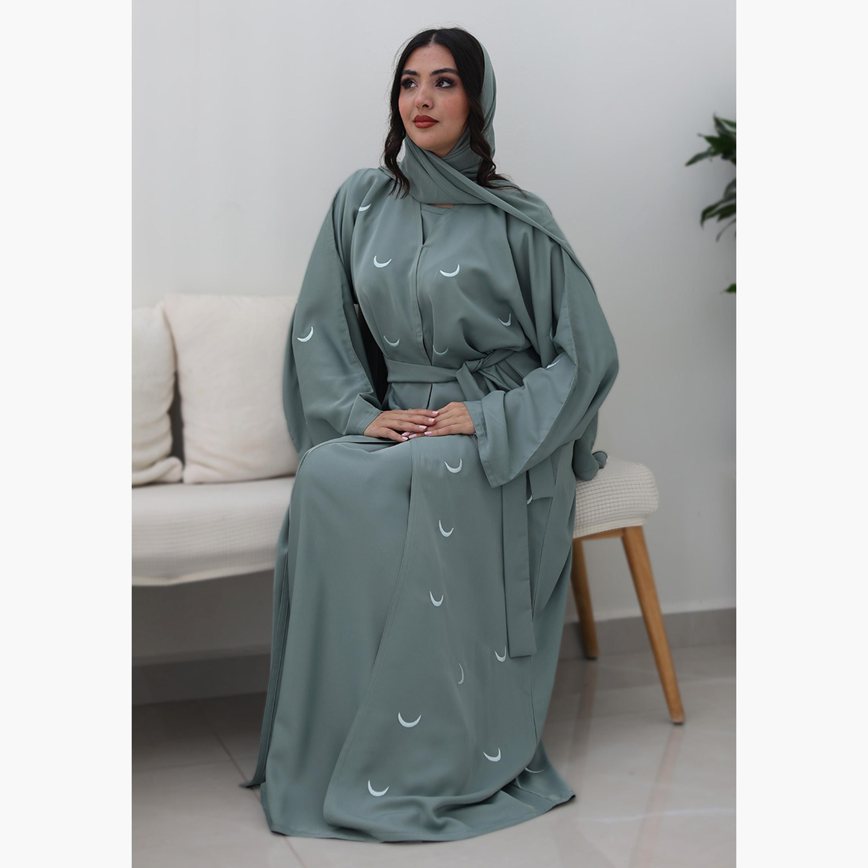 Nukhbaa Cyan Geometric Embroidered Flared Sleeves Nida Women's Evening Abaya with Hijab-women-arabicclothing-abayas-image-3