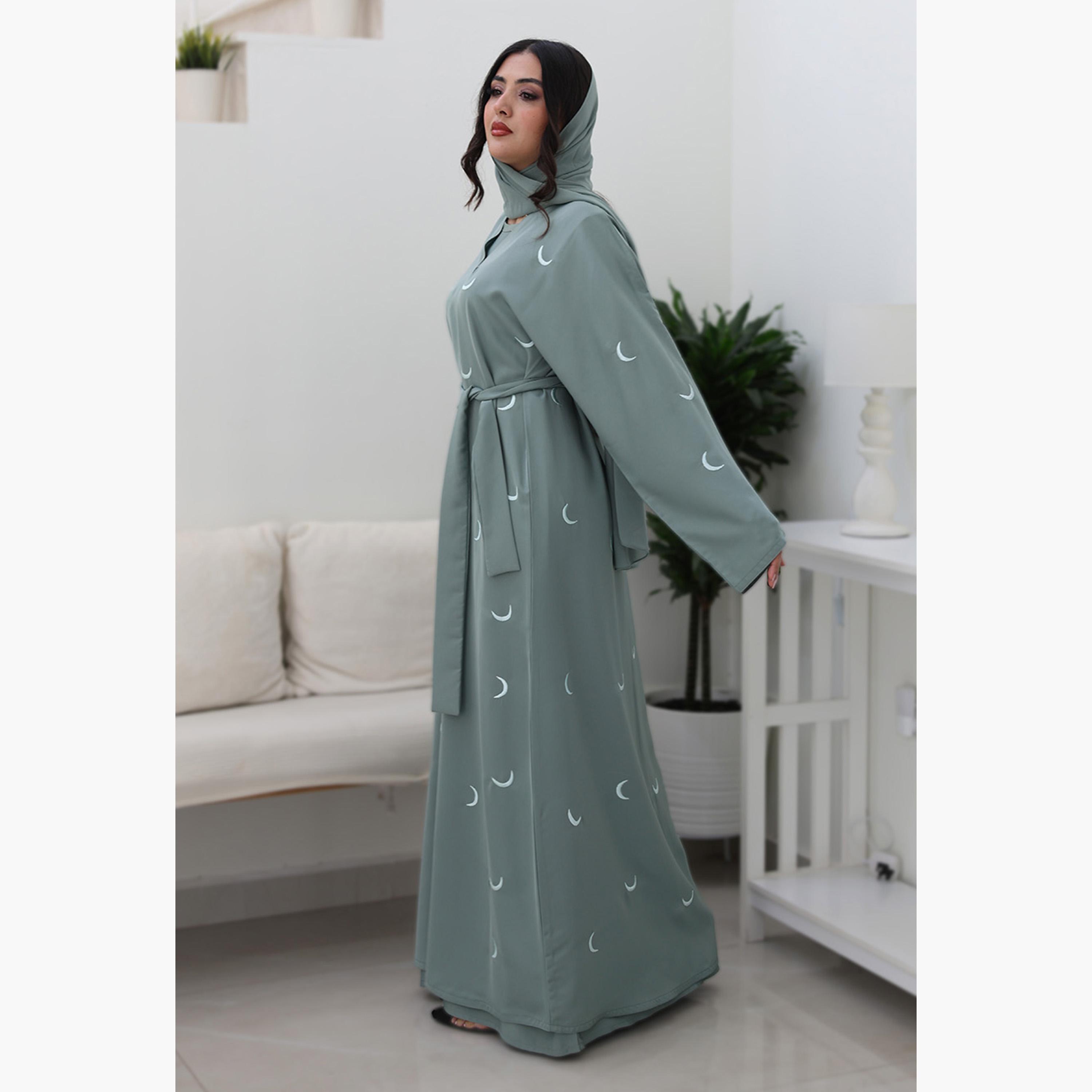 Nukhbaa Cyan Geometric Embroidered Flared Sleeves Nida Women's Evening Abaya with Hijab-women-arabicclothing-abayas-image-4