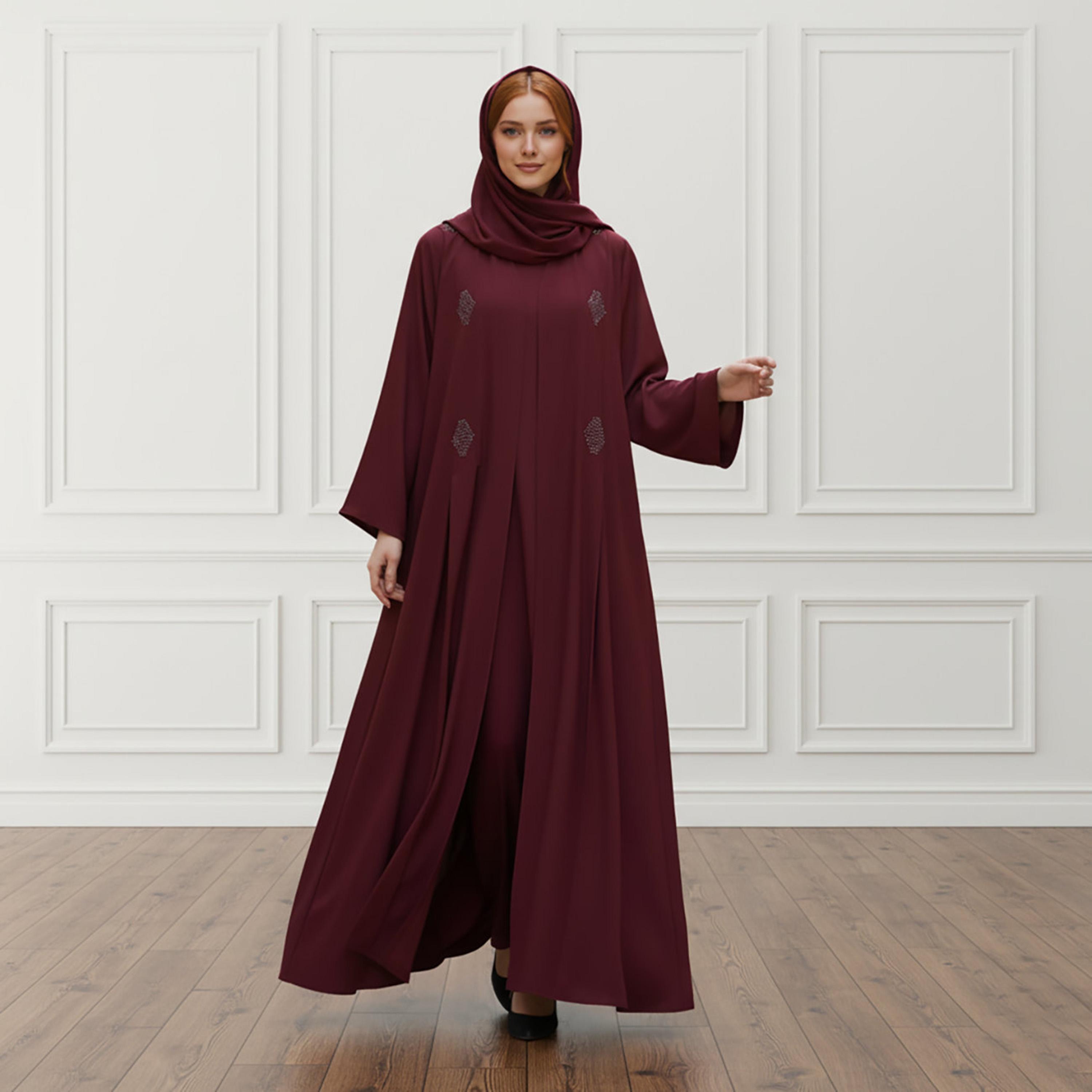 Nukhbaa Embroidered Nida Women's Abaya with Inner Dress & Hijab-women-arabicclothing-abayas-image-1
