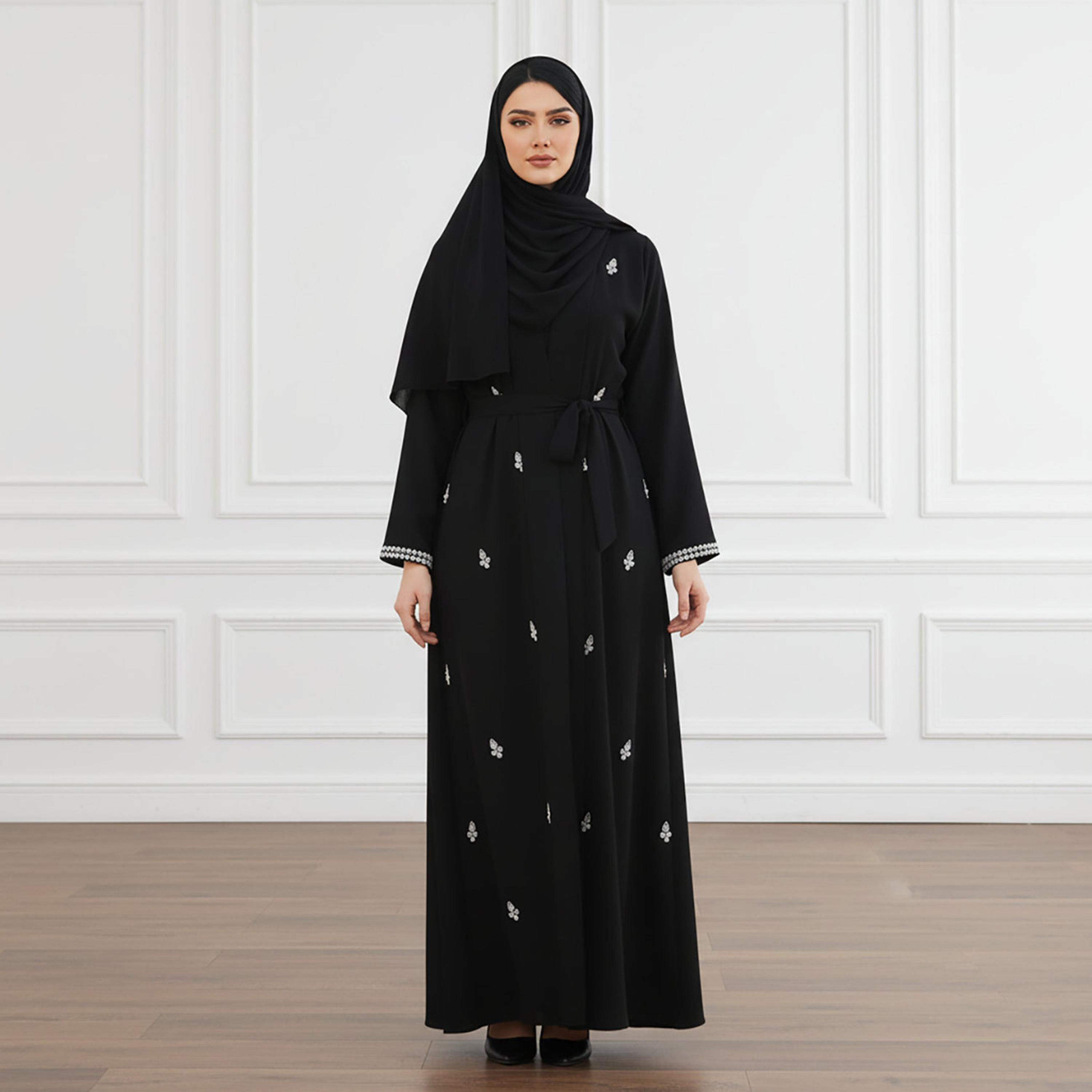 عباءة سهرة نسائية "نيدا" سوداء مزينة مع فستان داخلي وحجاب من نخبة-women-arabicclothing-abayas-image-1