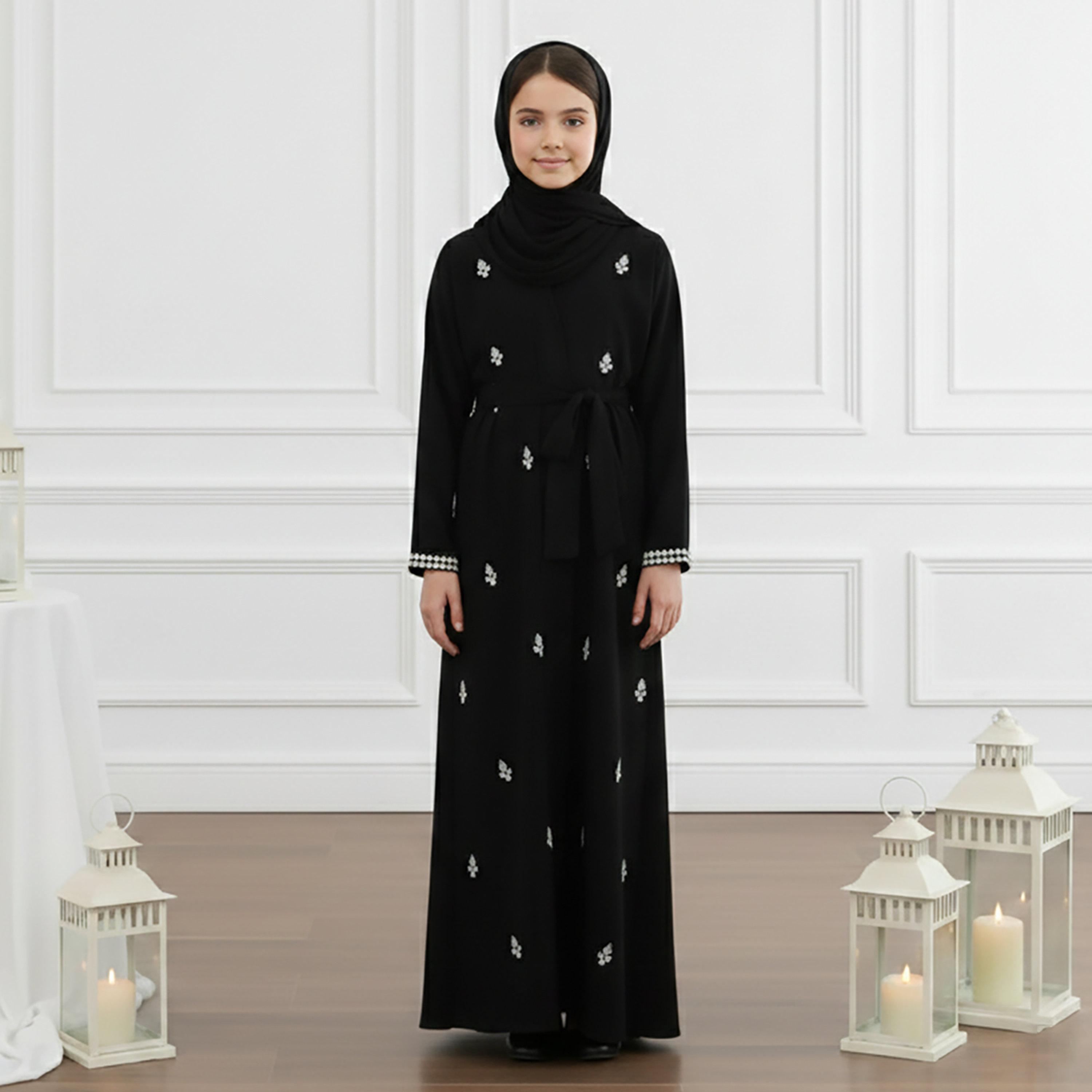 Nukhbaa Black Crystal Work Nida Girls Abaya & Inner Dress with Hijab-girls-arabicclothing-abayas-image-1