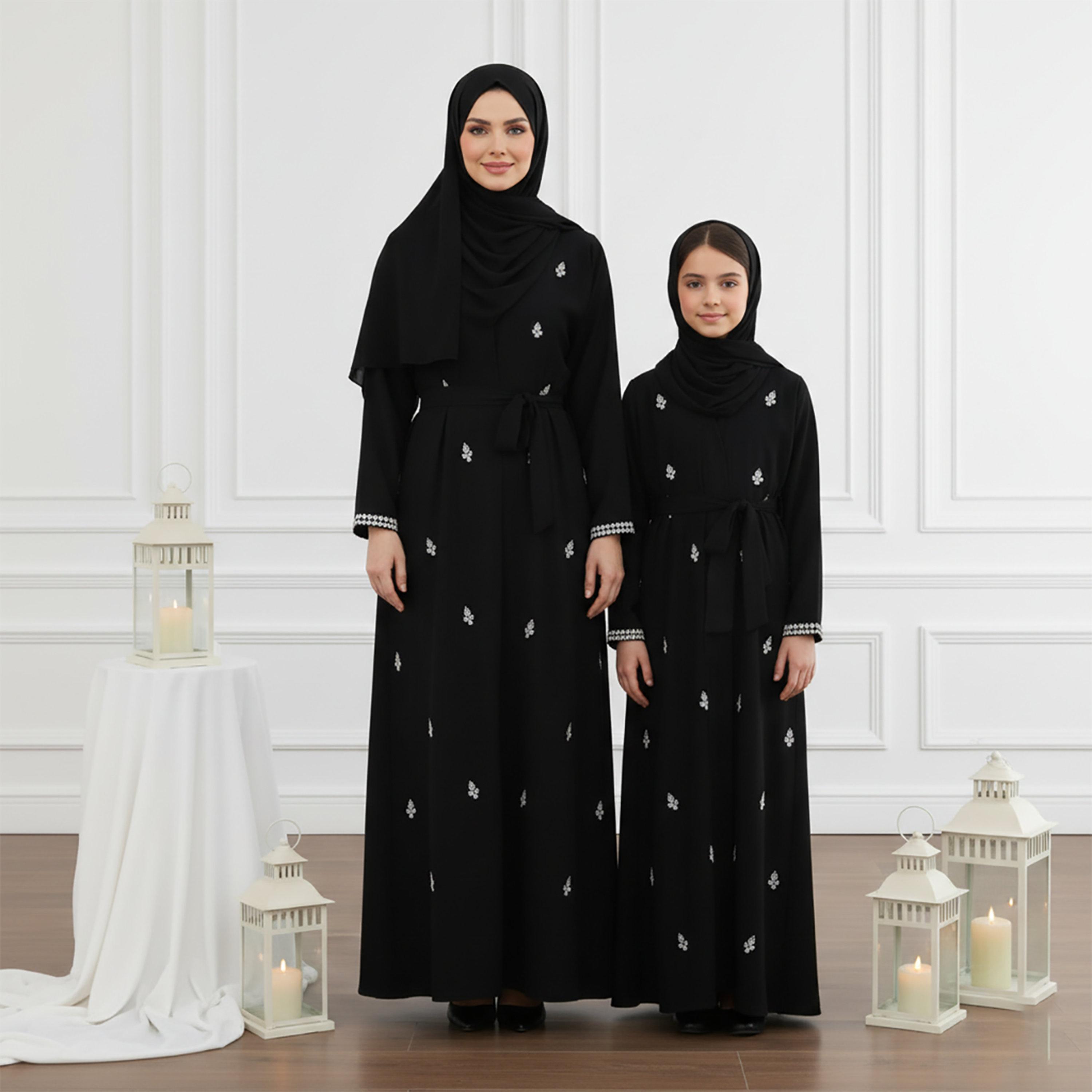 Nukhbaa Black Crystal Work Nida Girls Abaya & Inner Dress with Hijab-girls-arabicclothing-abayas-image-2