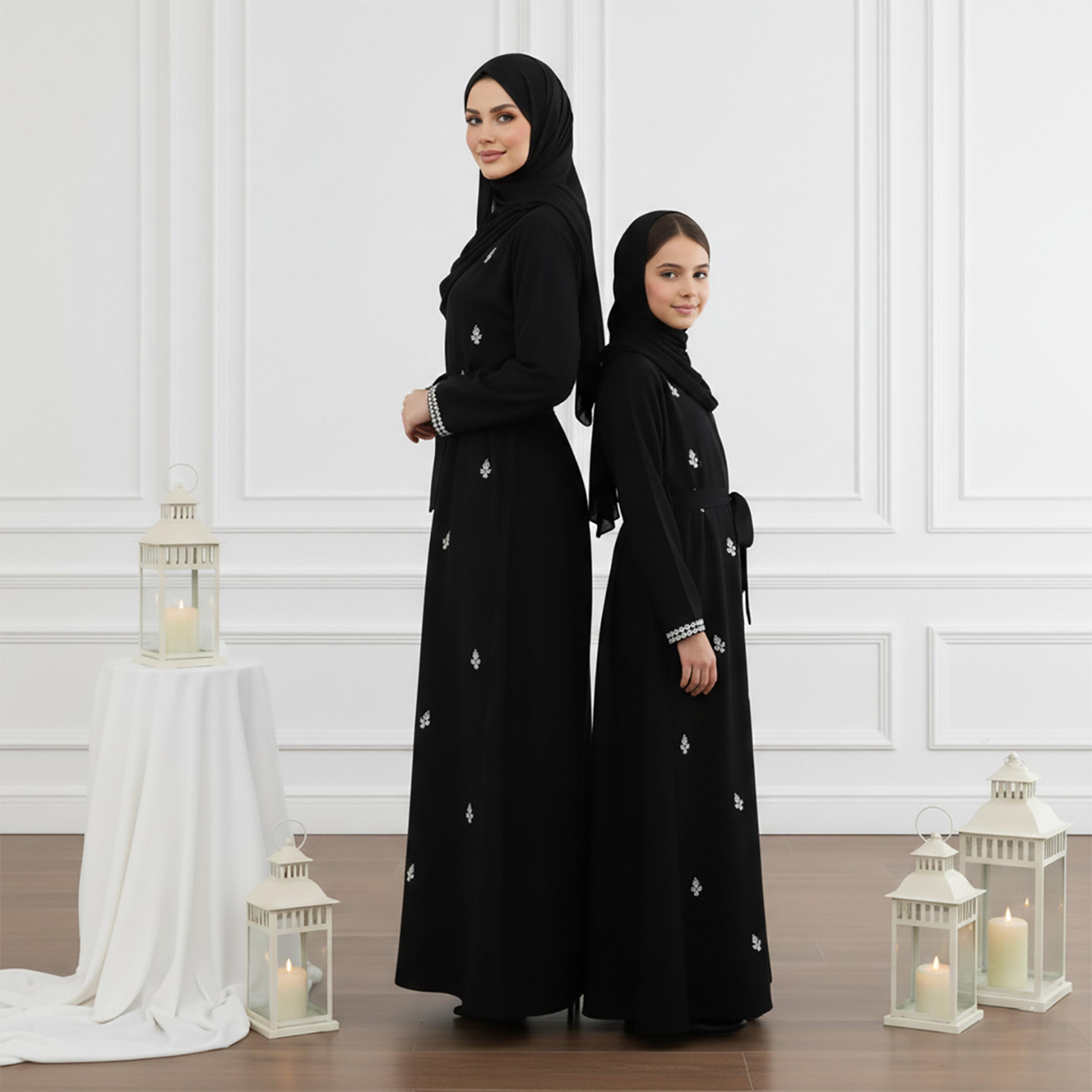Nukhbaa Black Crystal Work Nida Girls Abaya & Inner Dress with Hijab-girls-arabicclothing-abayas-image-3