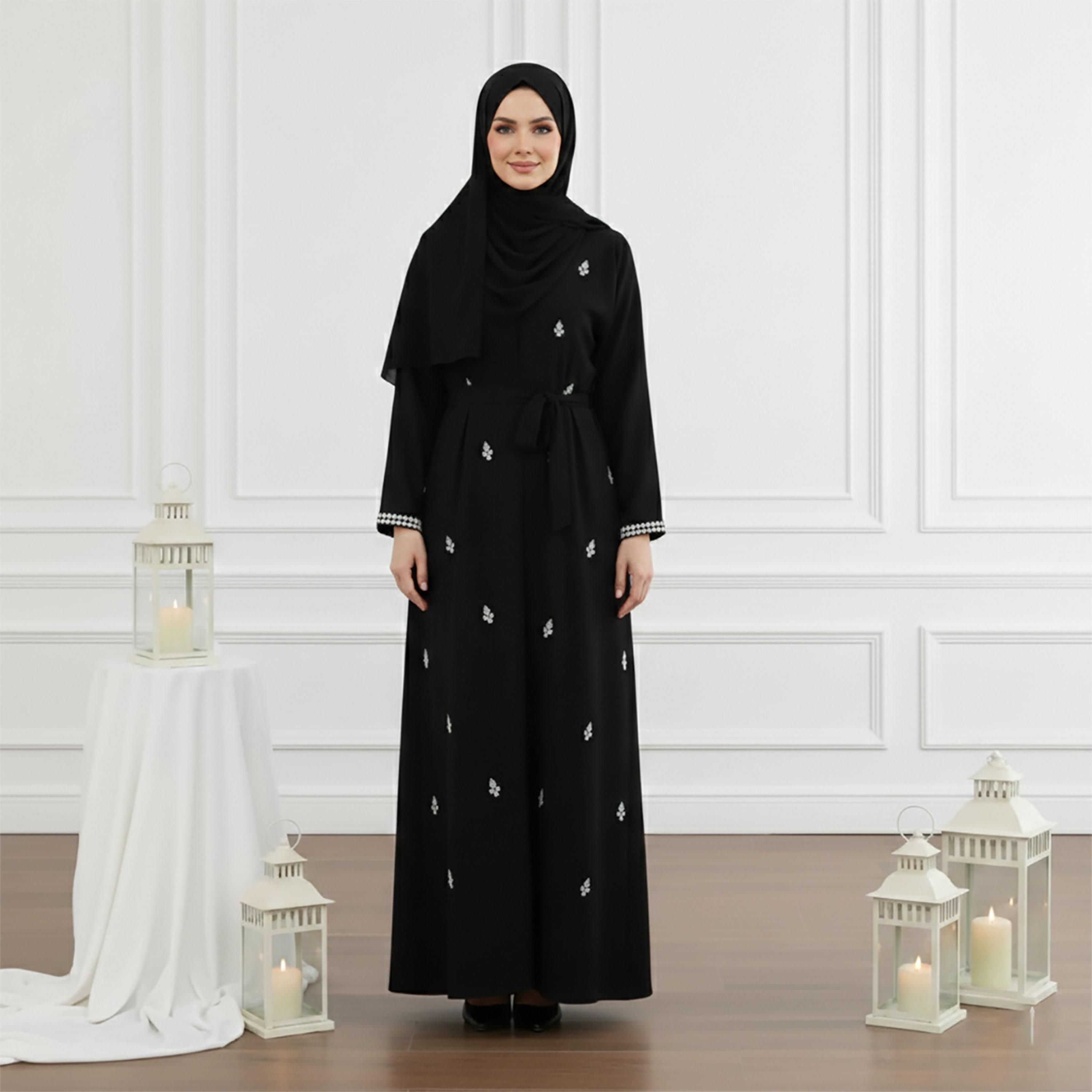 طقم عباية نسائية وفستان "إنر" قماش "ندى" مزينة بالكريستال مع حجاب - أسود من نخبة-women-arabicclothing-abayas-image-1