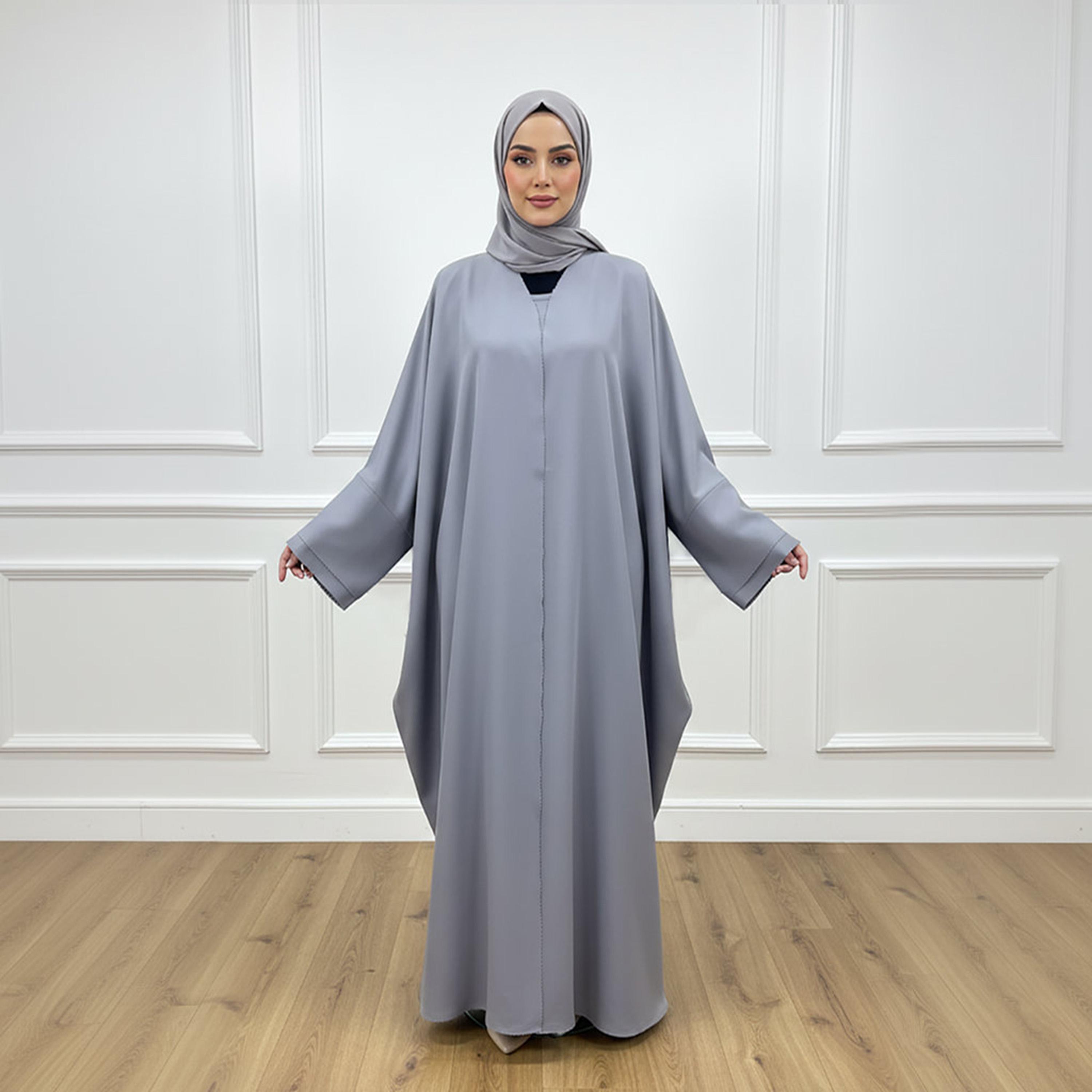 Nukhbaa Grey Wide Sleeves Nida Women's Kaftan Style Abaya with Inner Dress & Hijab-women-arabicclothing-abayas-image-1