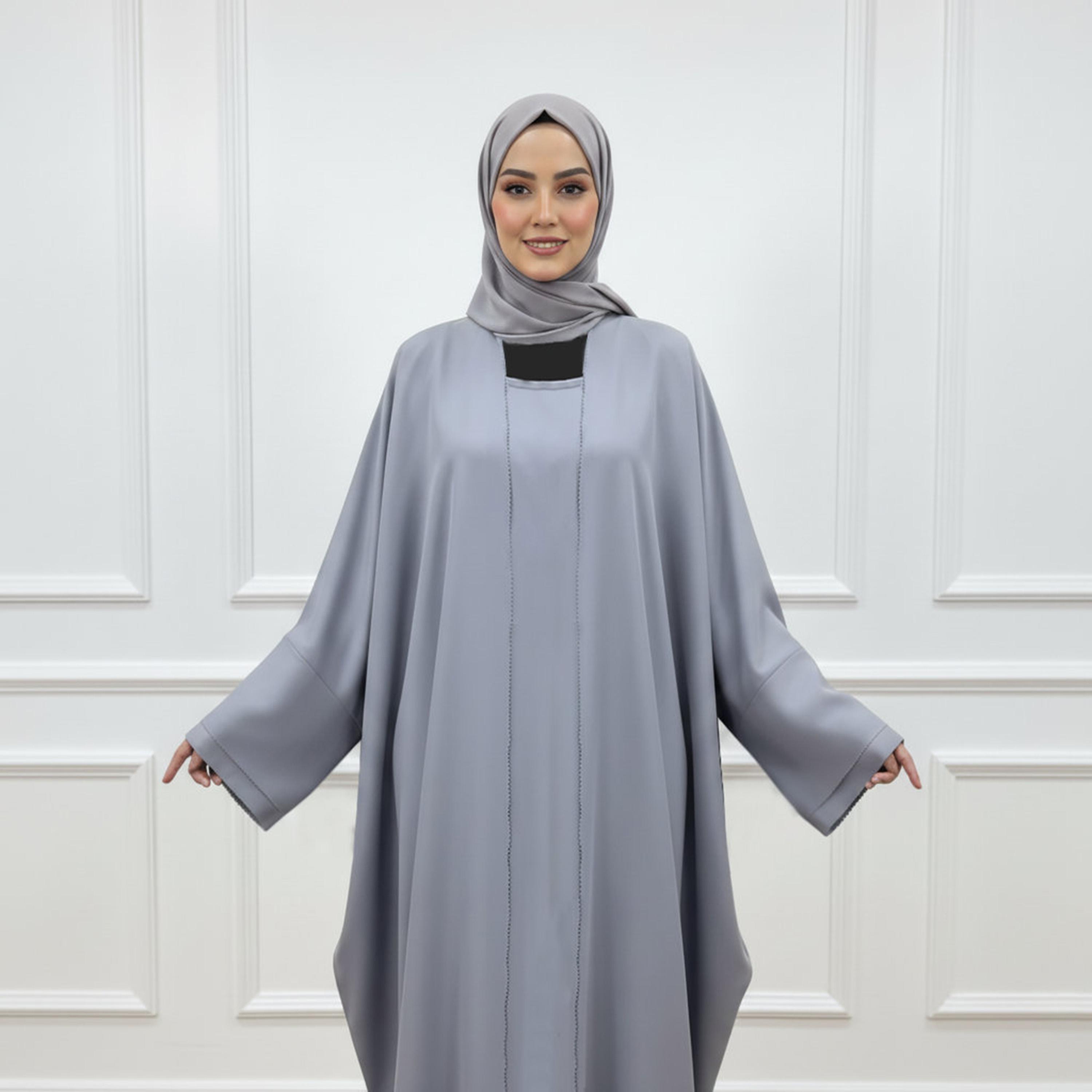 Nukhbaa Grey Wide Sleeves Nida Women's Kaftan Style Abaya with Inner Dress & Hijab-women-arabicclothing-abayas-image-2