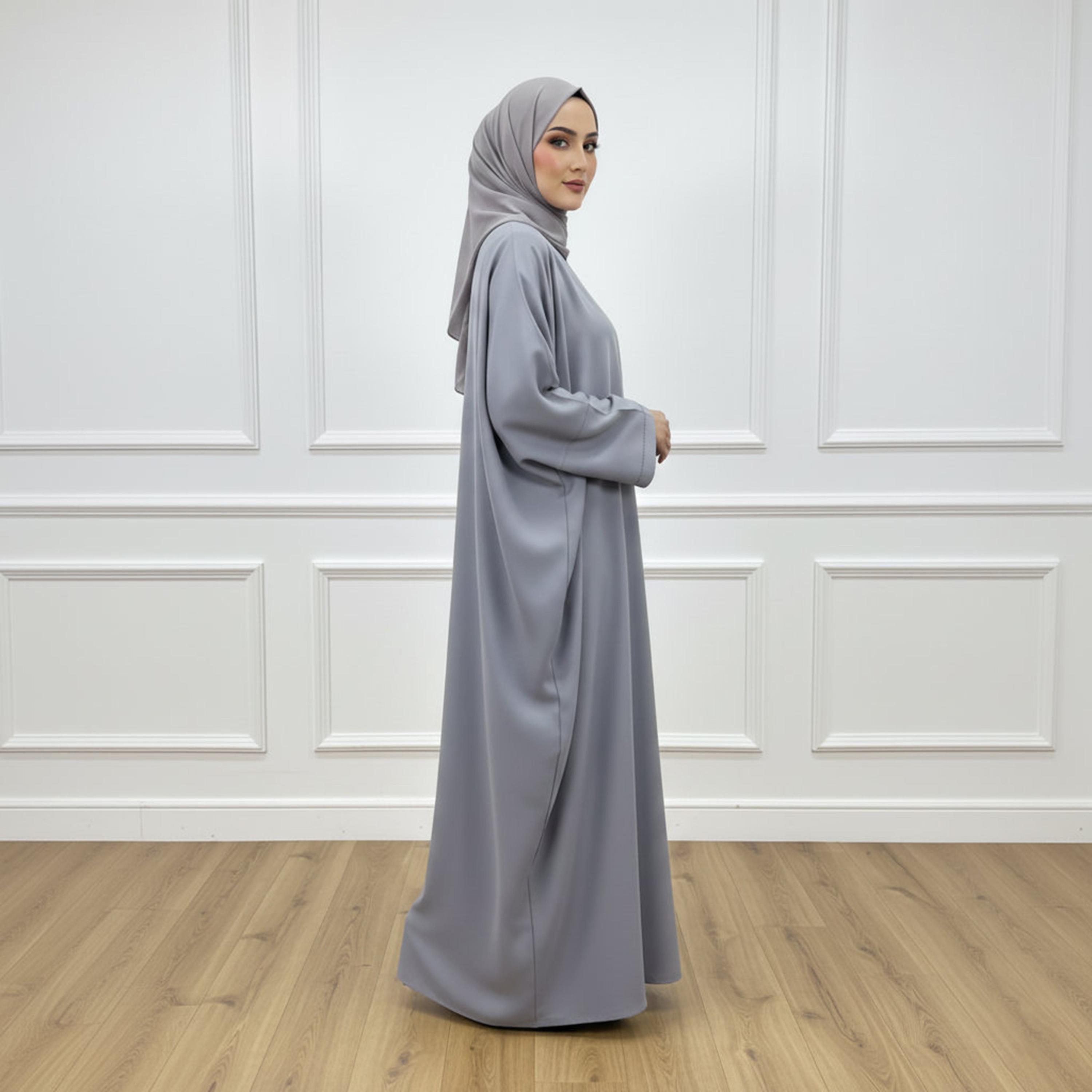 Nukhbaa Grey Wide Sleeves Nida Women's Kaftan Style Abaya with Inner Dress & Hijab-women-arabicclothing-abayas-image-3