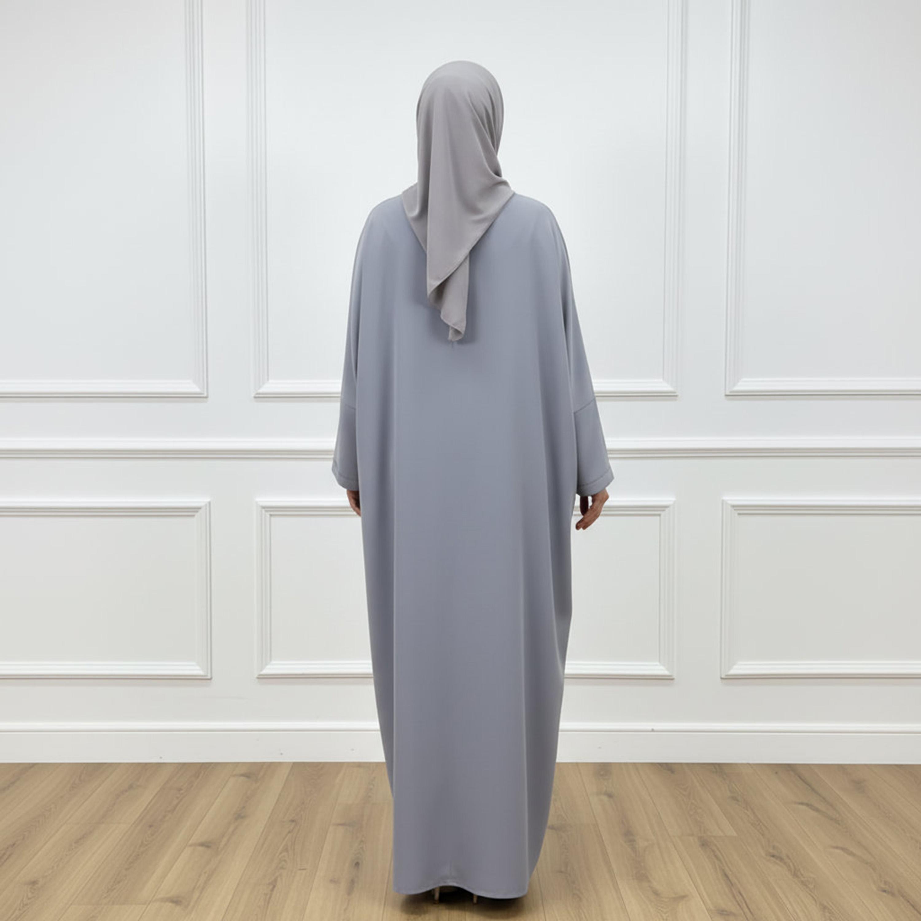 Nukhbaa Grey Wide Sleeves Nida Women's Kaftan Style Abaya with Inner Dress & Hijab-women-arabicclothing-abayas-image-4