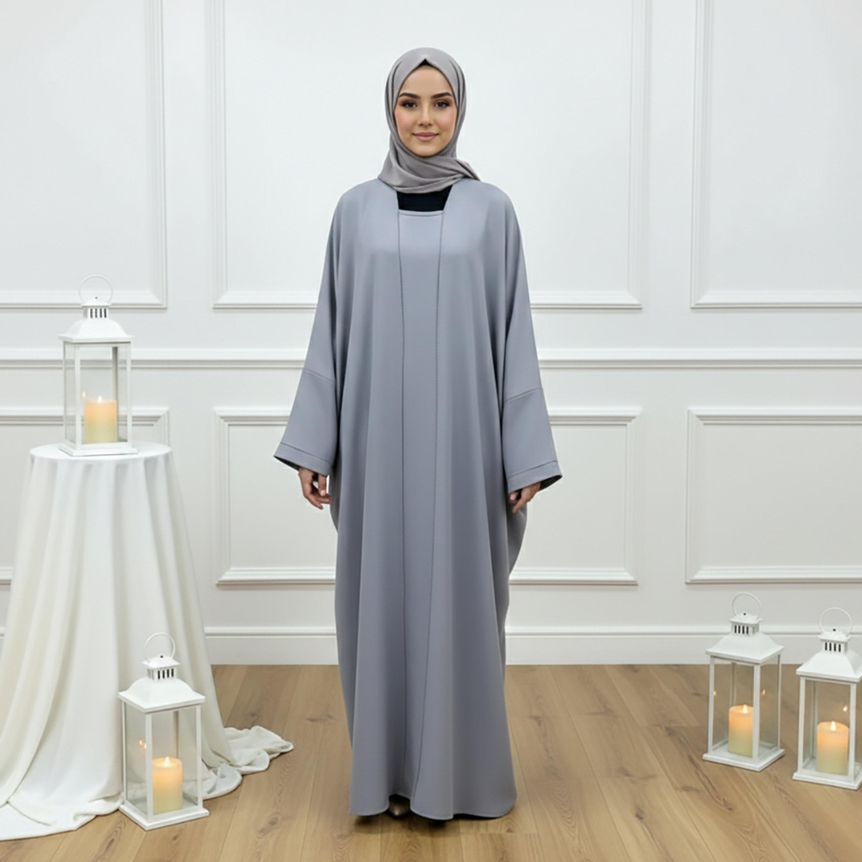 Nukhbaa Grey Square Neck Loose Sleeves Girls Abaya & Inner Dress with Hijab-girls-arabicclothing-abayas-image-1