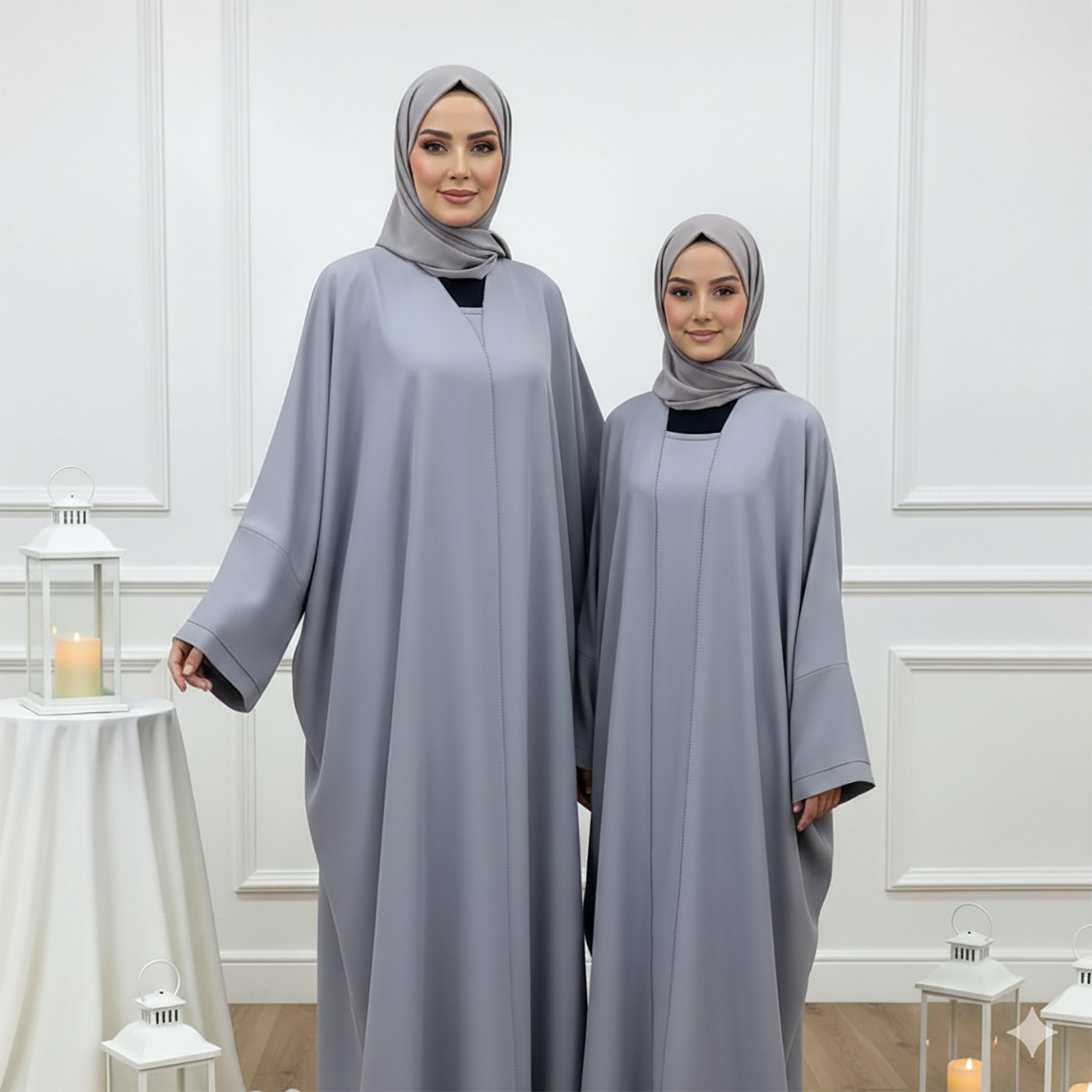 Nukhbaa Grey Square Neck Loose Sleeves Girls Abaya & Inner Dress with Hijab-girls-arabicclothing-abayas-image-2