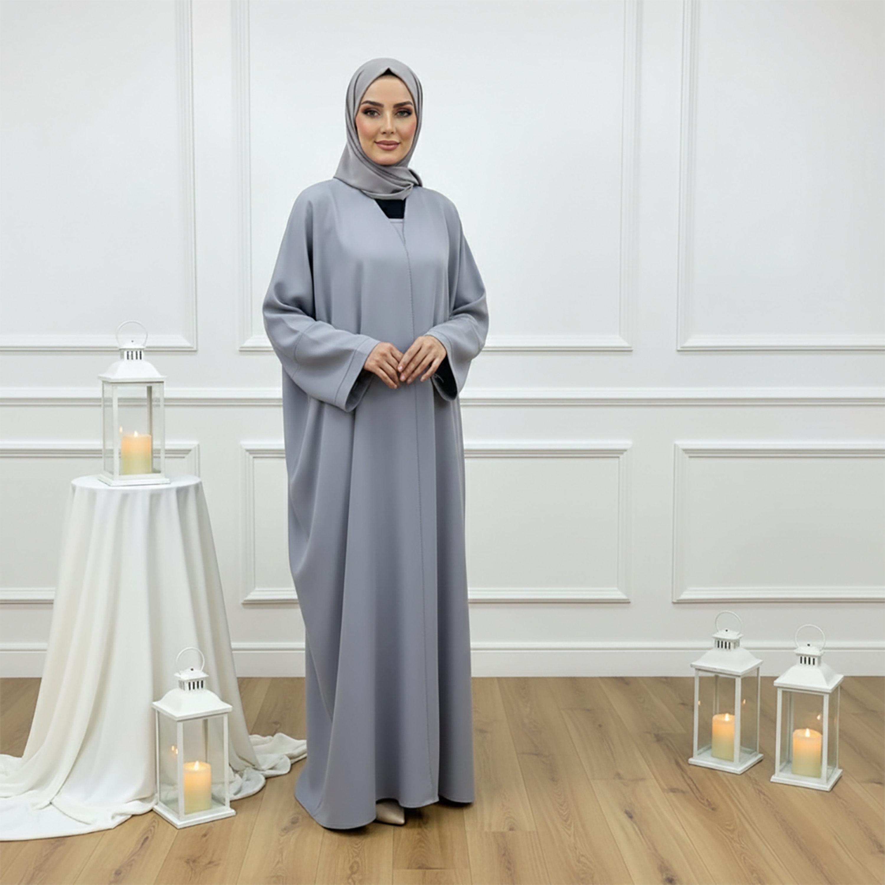 Nukhbaa Grey Square Neck Loose Sleeves Women's Abaya & Inner Dress with Hijab-women-arabicclothing-abayas-image-1