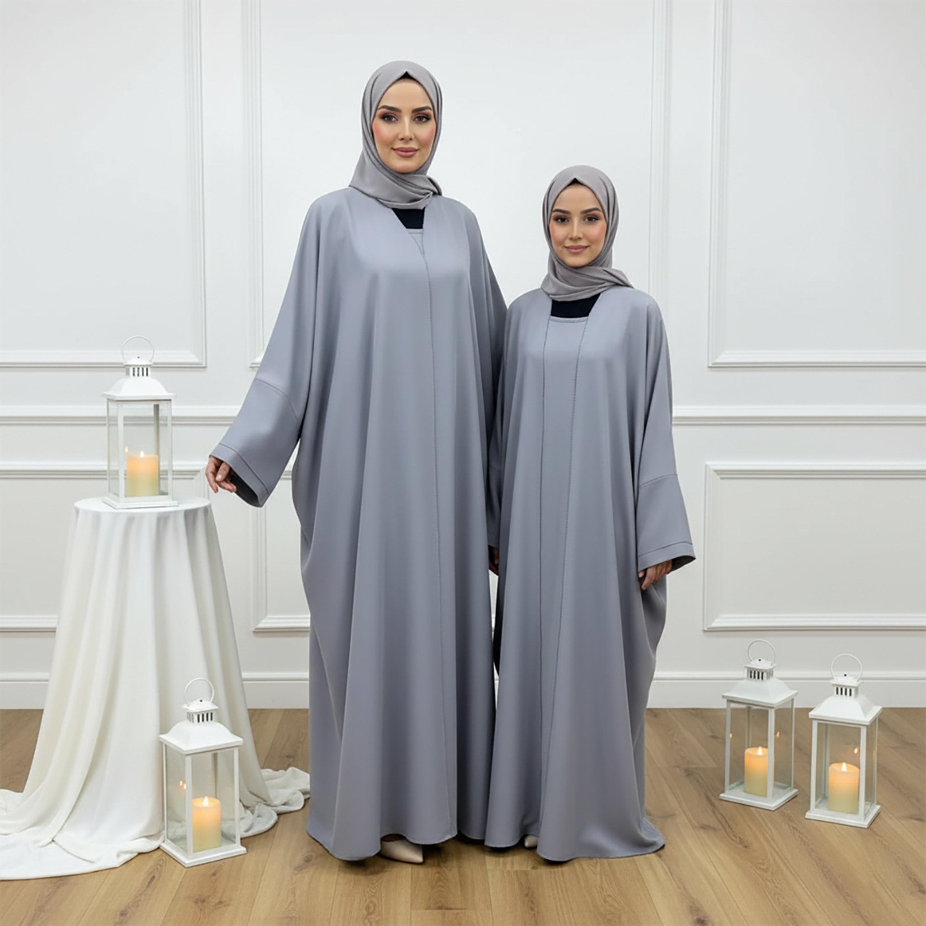 Nukhbaa Grey Square Neck Loose Sleeves Women's Abaya & Inner Dress with Hijab-women-arabicclothing-abayas-image-3