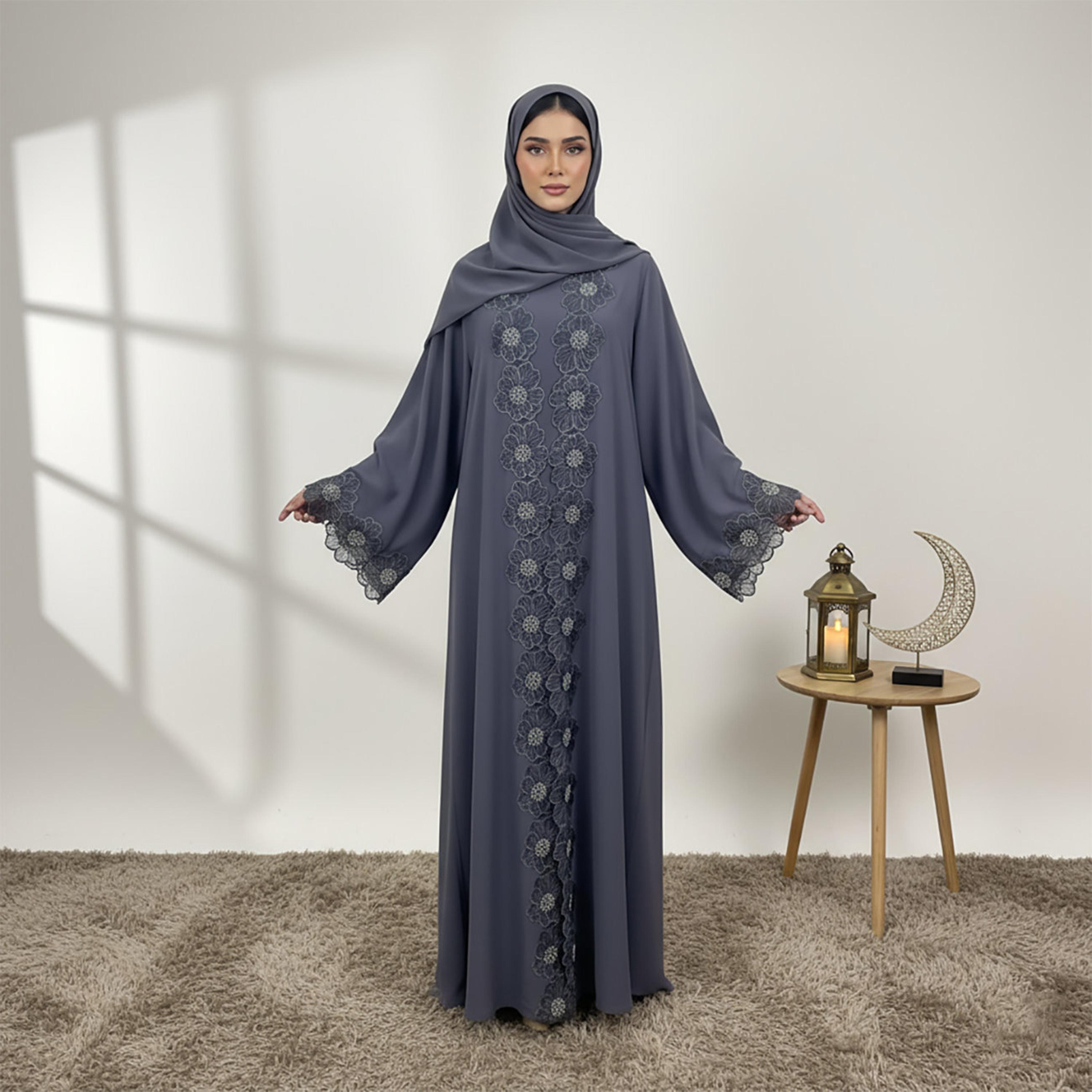 Nukhbaa Floral Embroidered Lace Wide Sleeves Nida Women's Evening Abaya with Inner Dress & Hijab-women-arabicclothing-abayas-image-1