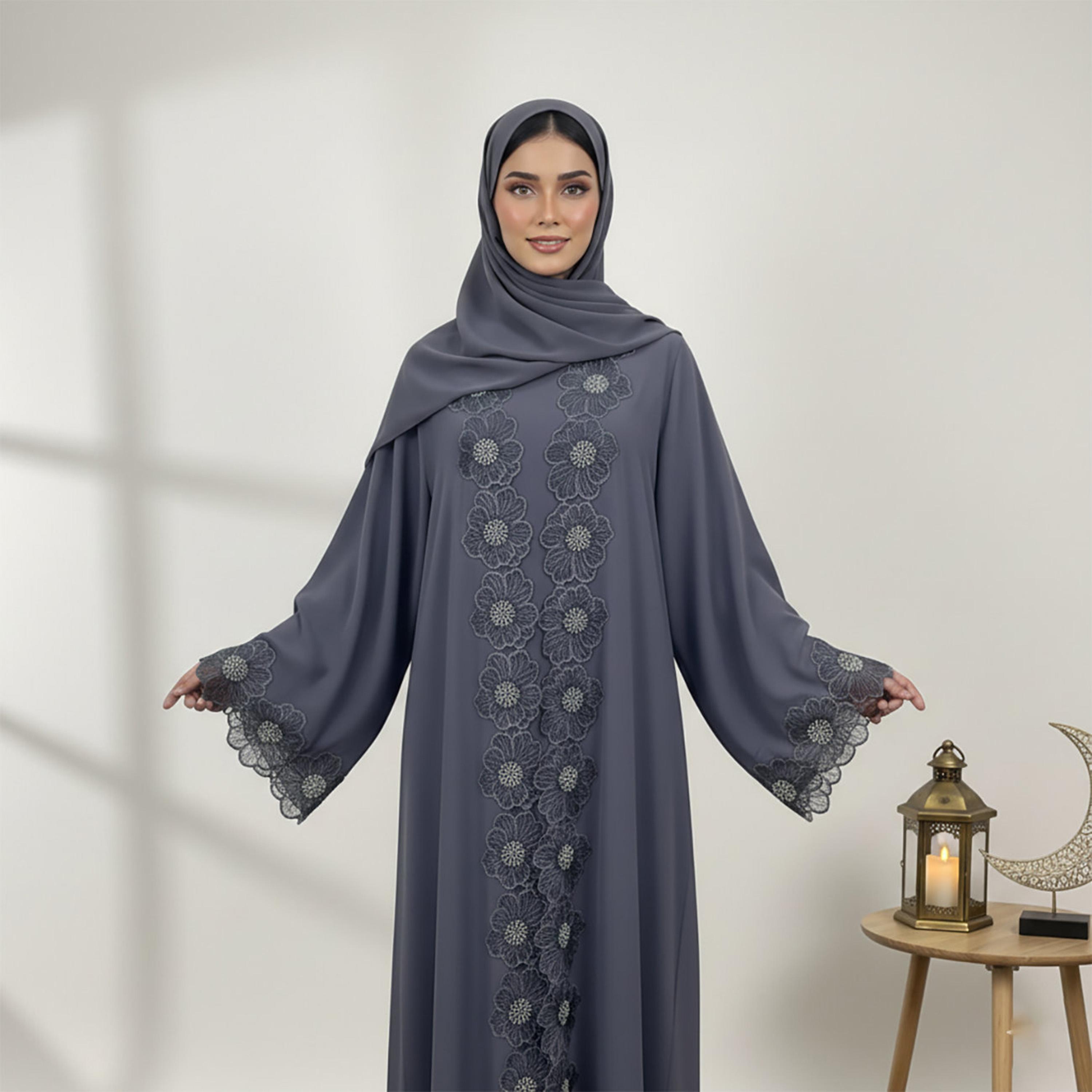 Nukhbaa Floral Embroidered Lace Wide Sleeves Nida Women's Evening Abaya with Inner Dress & Hijab-women-arabicclothing-abayas-image-2