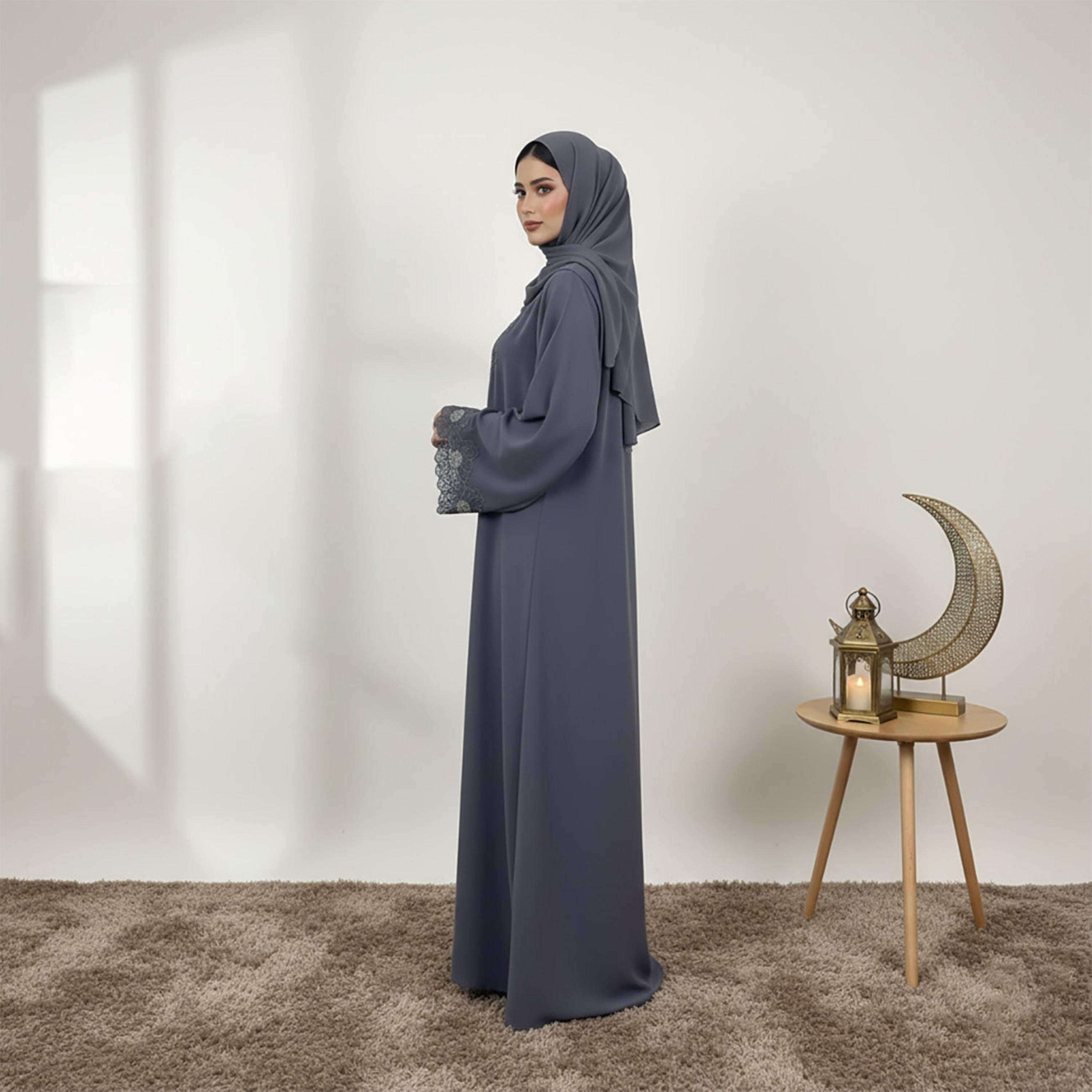 Nukhbaa Floral Embroidered Lace Wide Sleeves Nida Women's Evening Abaya with Inner Dress & Hijab-women-arabicclothing-abayas-image-3