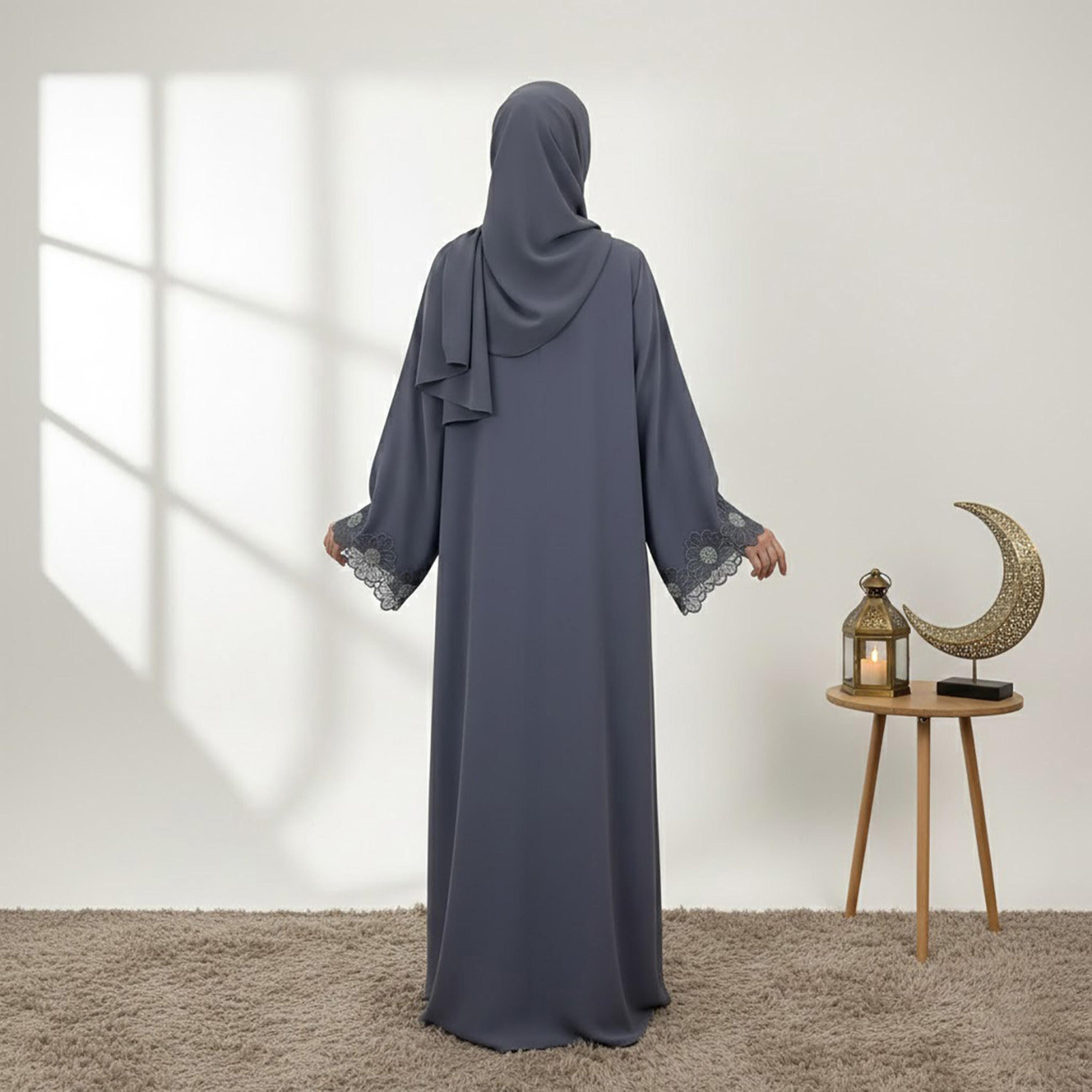 Nukhbaa Floral Embroidered Lace Wide Sleeves Nida Women's Evening Abaya with Inner Dress & Hijab-women-arabicclothing-abayas-image-4