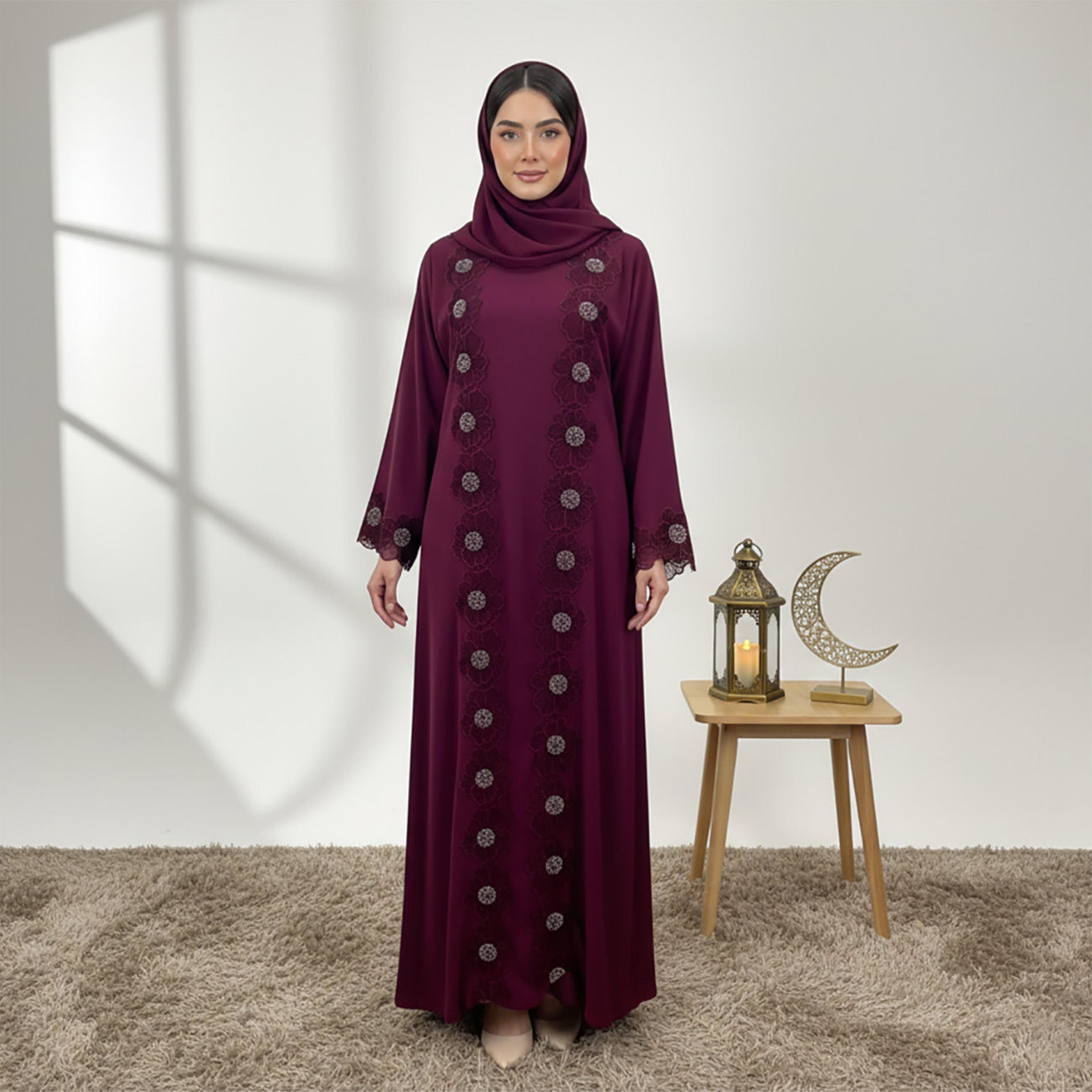 Nukhbaa Floral Embroidered Lace Wide Sleeves Nida Women's Evening Abaya with Inner Dress & Hijab-women-arabicclothing-abayas-image-1