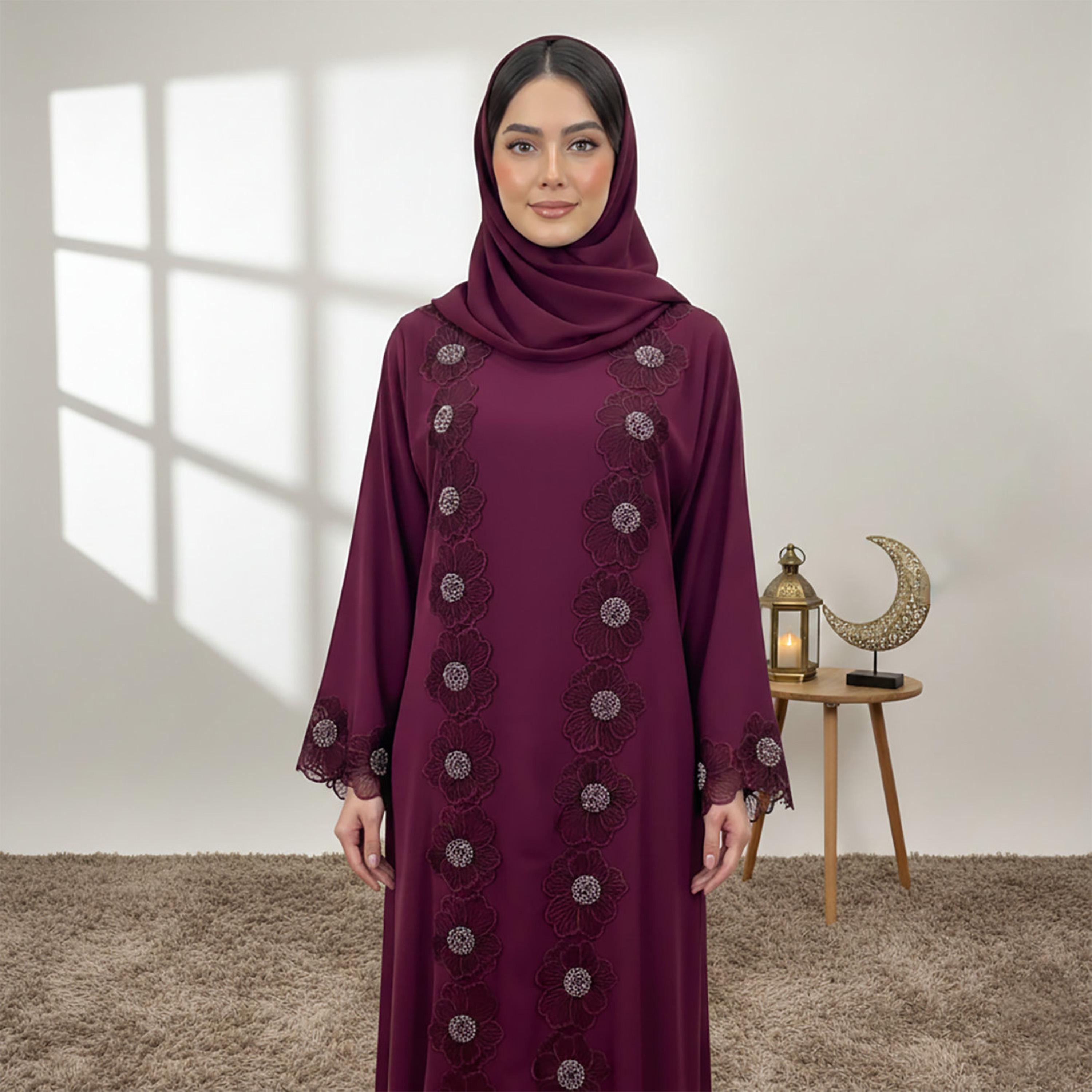 Nukhbaa Floral Embroidered Lace Wide Sleeves Nida Women's Evening Abaya with Inner Dress & Hijab-women-arabicclothing-abayas-image-2