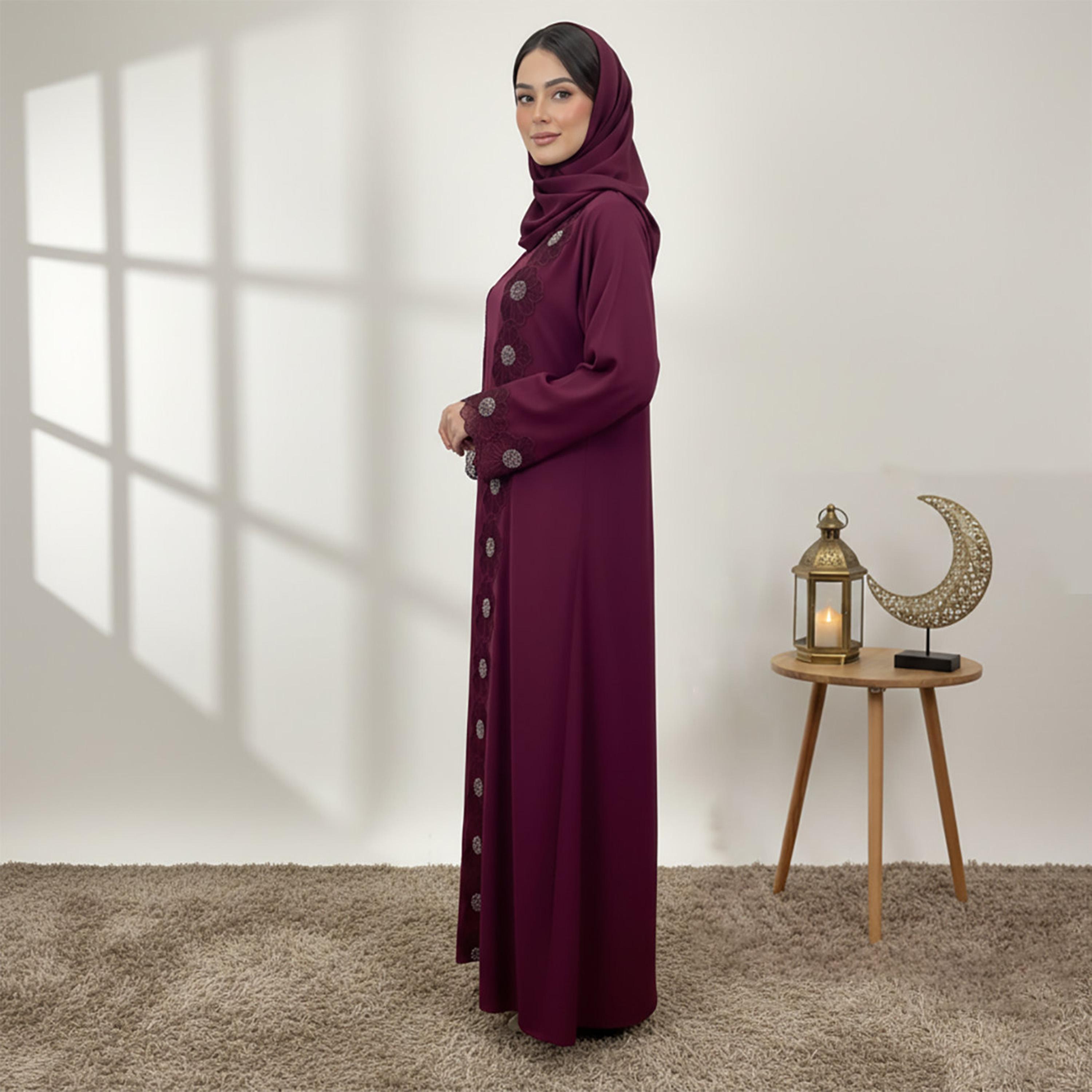 Nukhbaa Floral Embroidered Lace Wide Sleeves Nida Women's Evening Abaya with Inner Dress & Hijab-women-arabicclothing-abayas-image-3