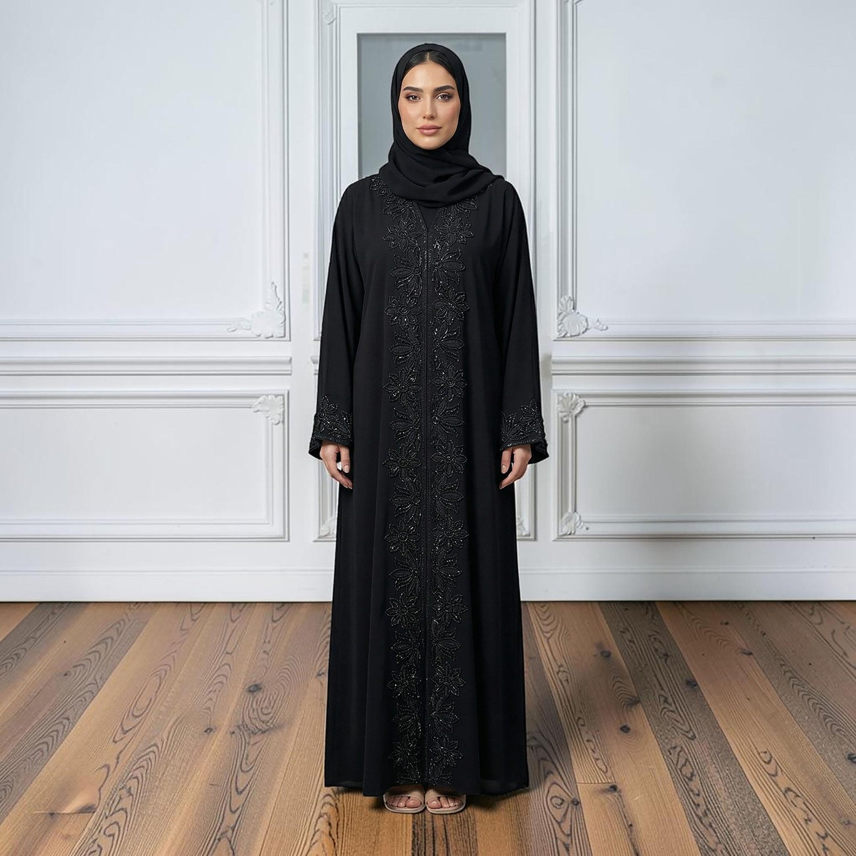 Nukhbaa Black Floral Beaded Nida Women's Abaya with Hijab & Matching Inner-women-arabicclothing-abayas-image-1