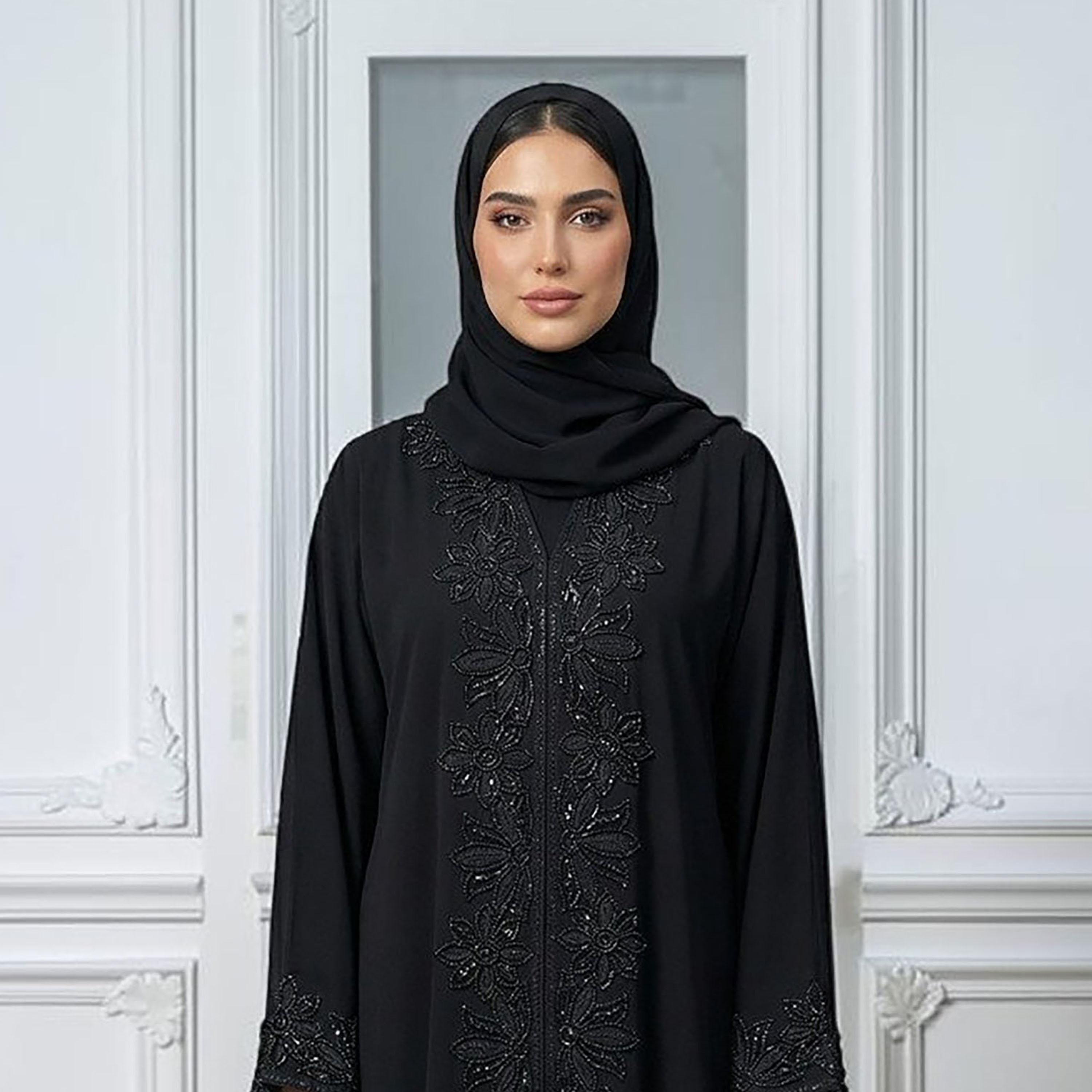 Nukhbaa Black Floral Beaded Nida Women's Abaya with Hijab & Matching Inner-women-arabicclothing-abayas-image-2