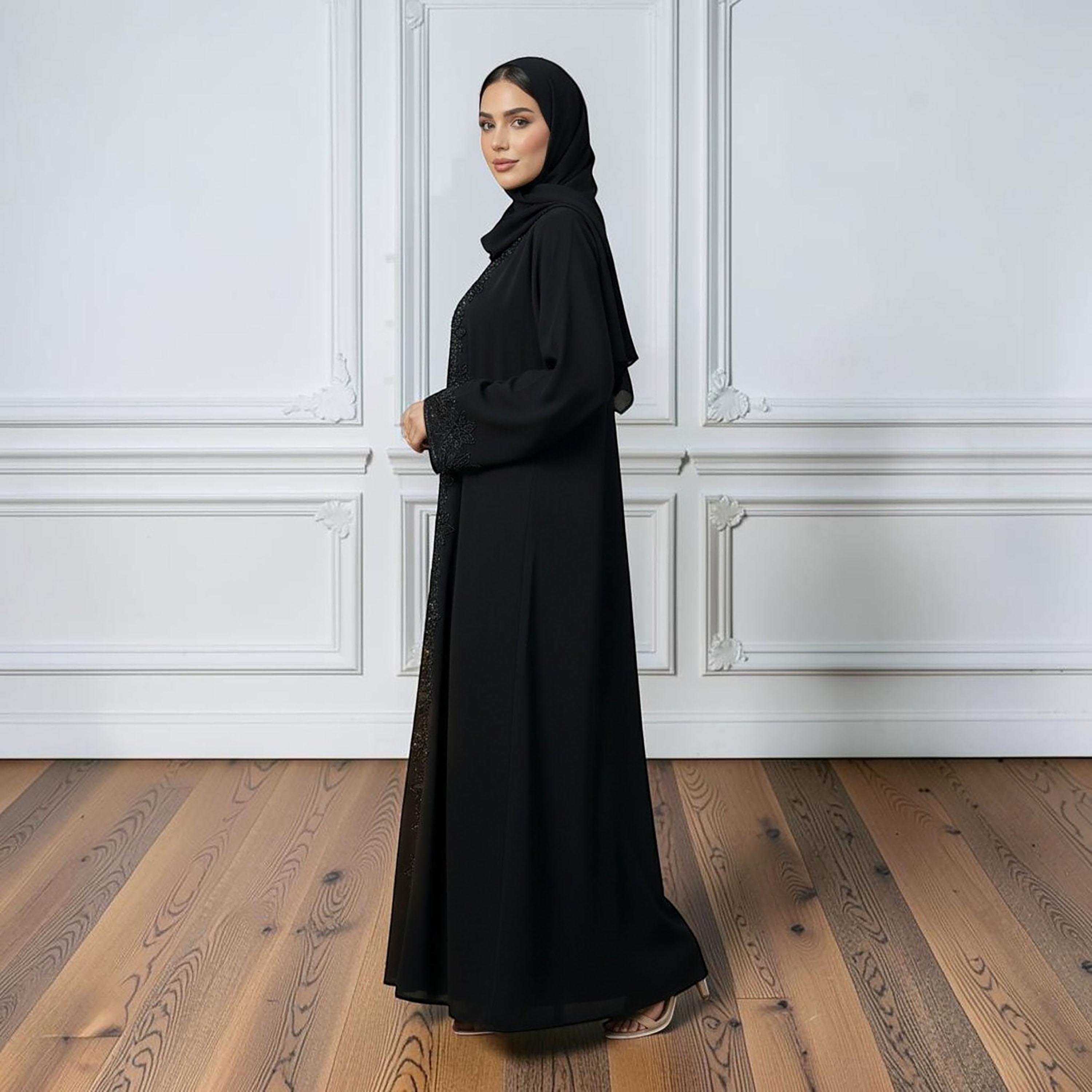 Nukhbaa Black Floral Beaded Nida Women's Abaya with Hijab & Matching Inner-women-arabicclothing-abayas-image-3