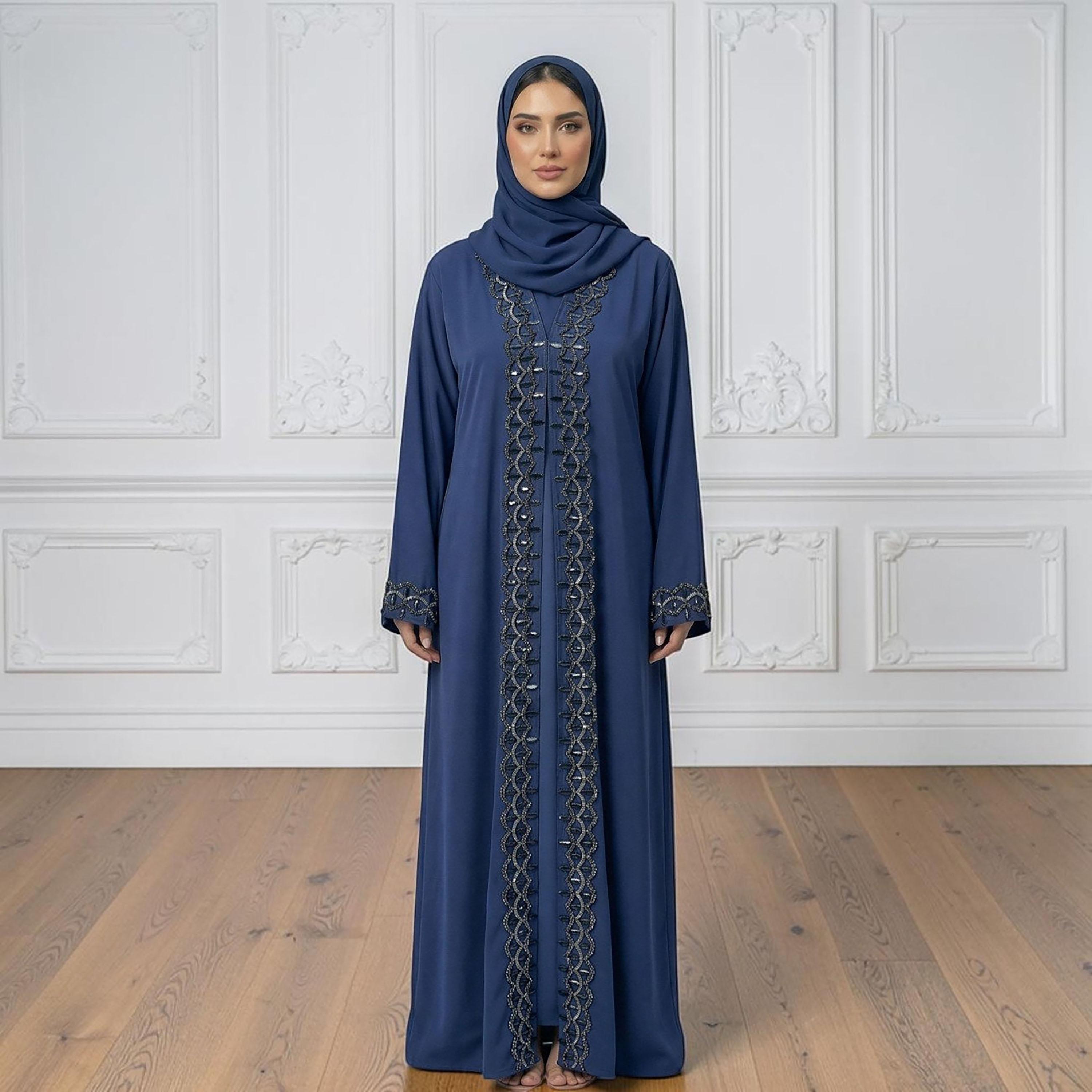 Nukhbaa Navy Blue Embellished Nida Women's Abaya with Hijab & Matching Inner-women-arabicclothing-abayas-image-1