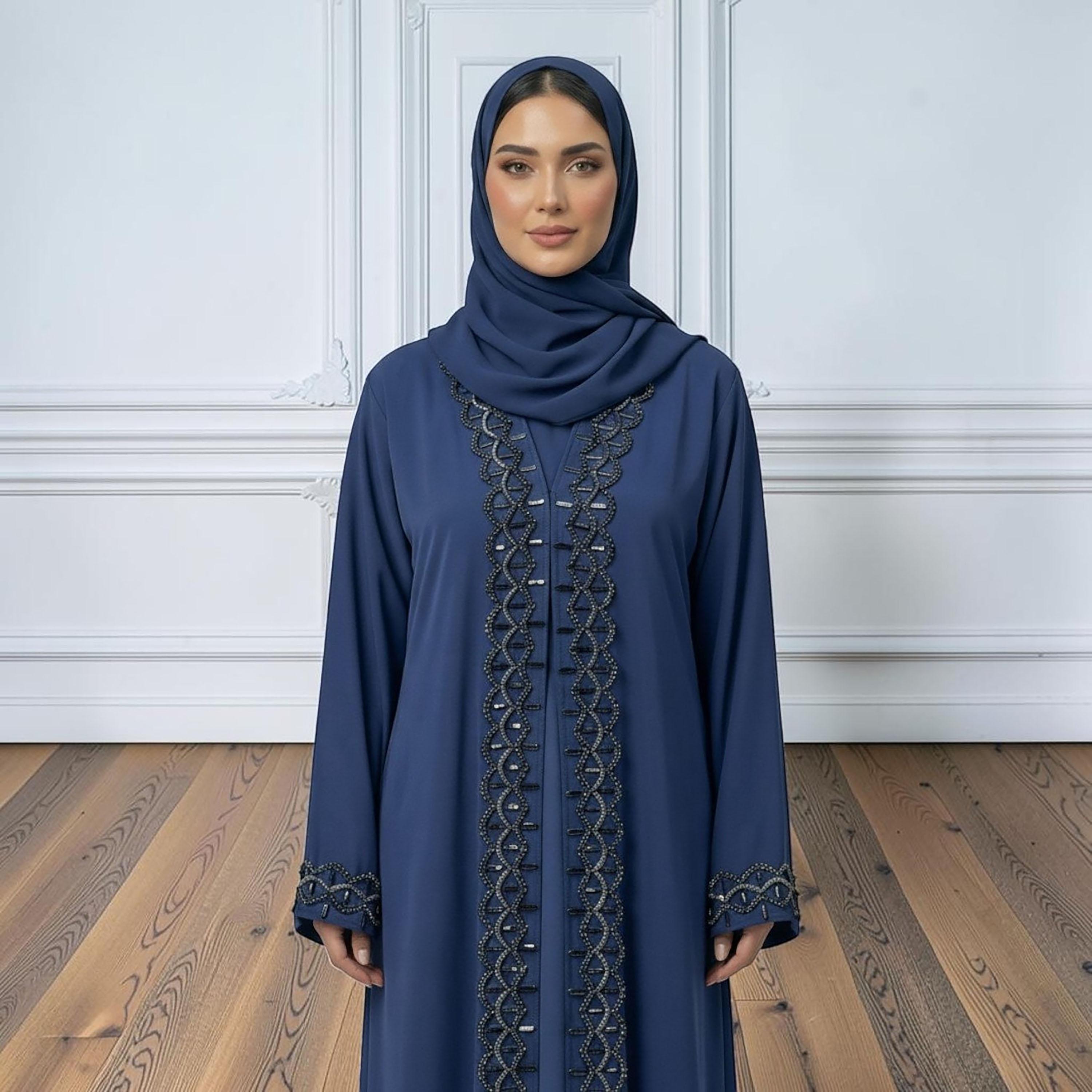 Nukhbaa Navy Blue Embellished Nida Women's Abaya with Hijab & Matching Inner-women-arabicclothing-abayas-image-2
