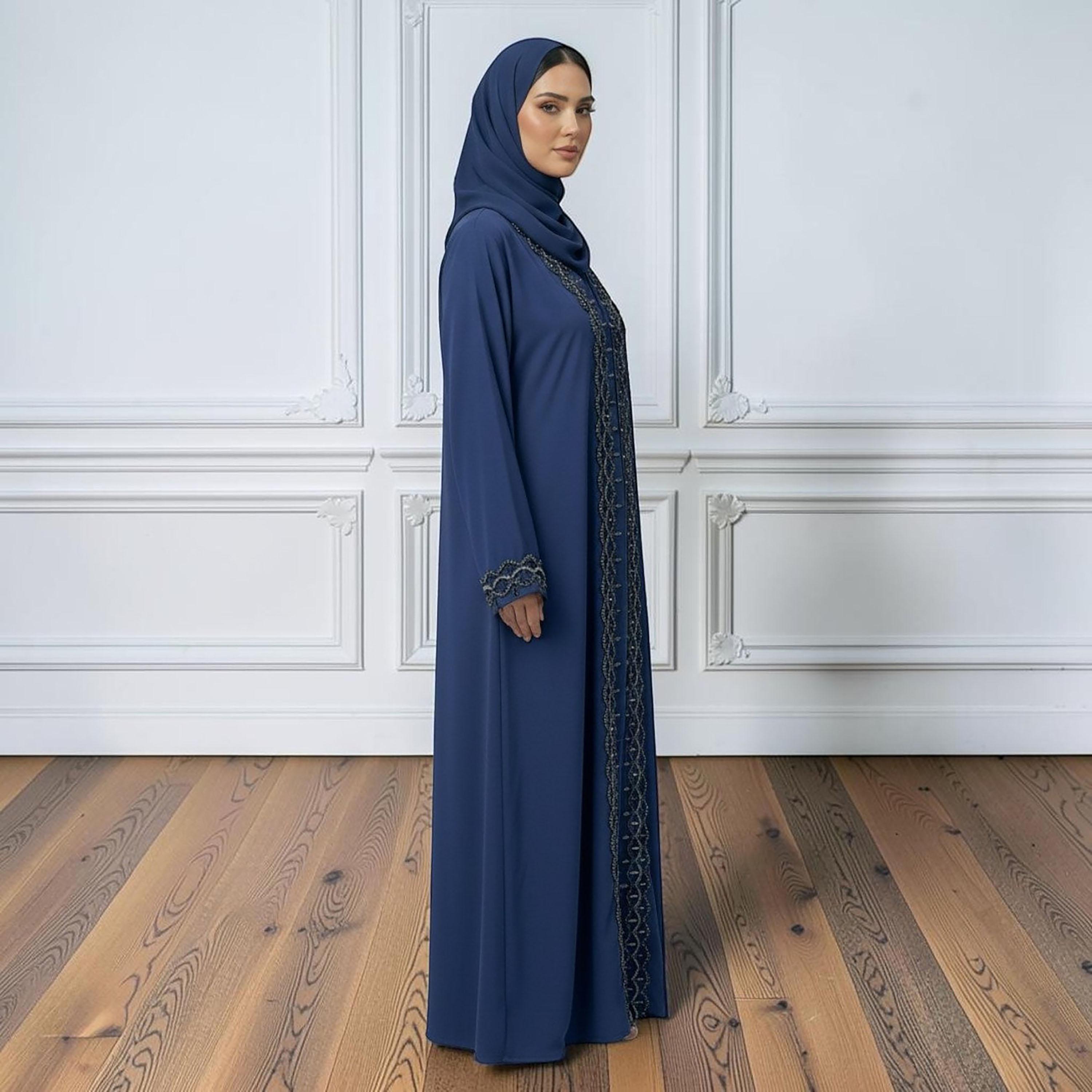 Nukhbaa Navy Blue Embellished Nida Women's Abaya with Hijab & Matching Inner-women-arabicclothing-abayas-image-3
