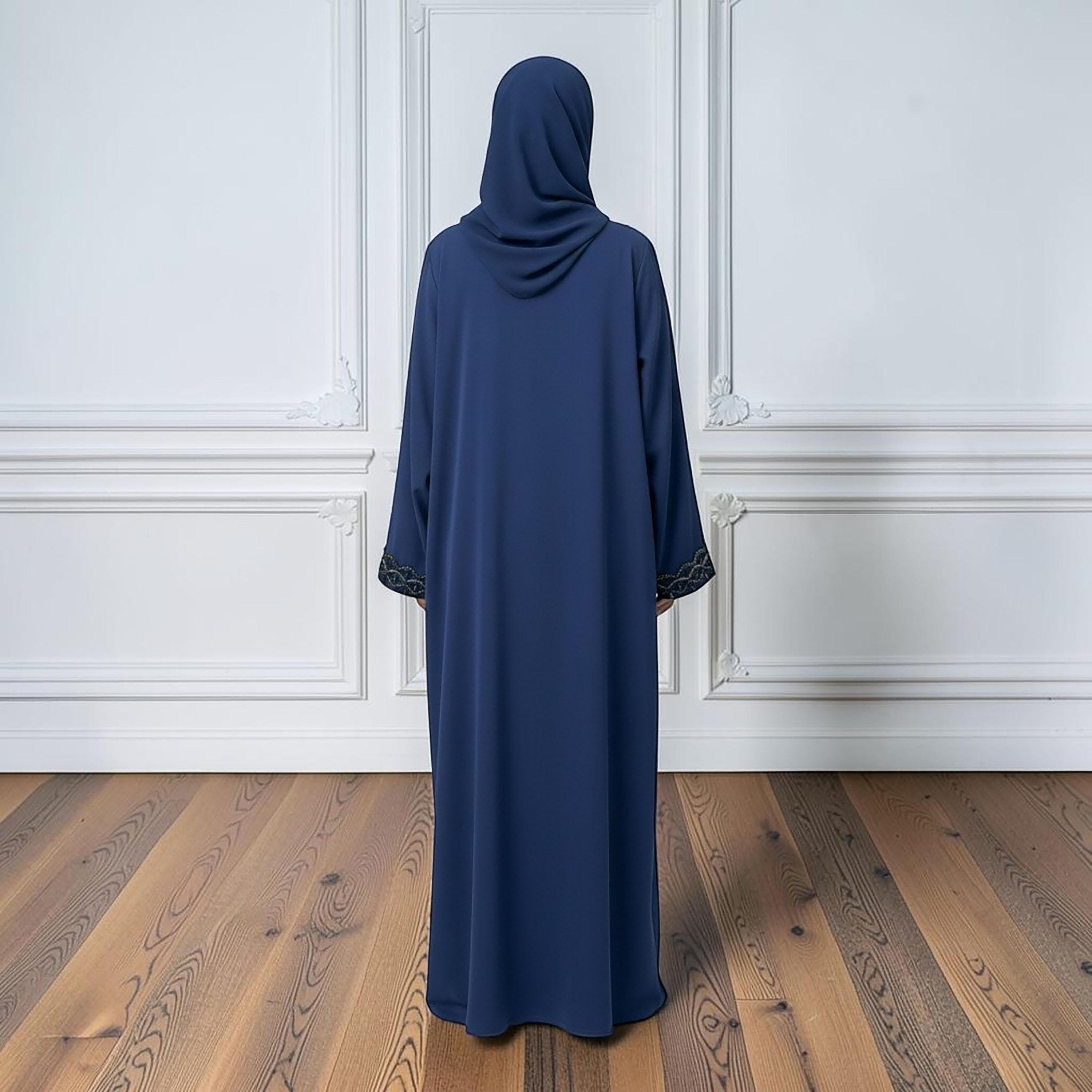 Nukhbaa Navy Blue Embellished Nida Women's Abaya with Hijab & Matching Inner-women-arabicclothing-abayas-image-4