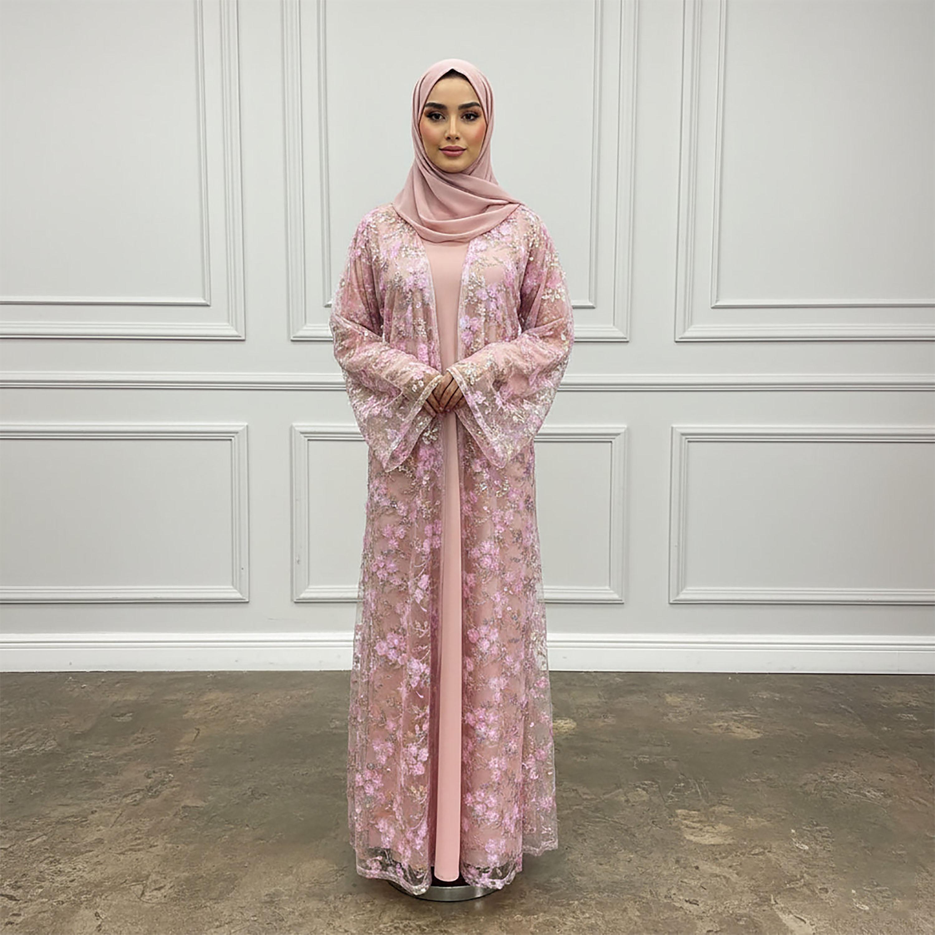 Nukhbaa Pink 3D Floral Sequined Flared Sleeves Net Women's Evening Abaya with Hijab & Matching Inner-women-arabicclothing-abayas-image-1