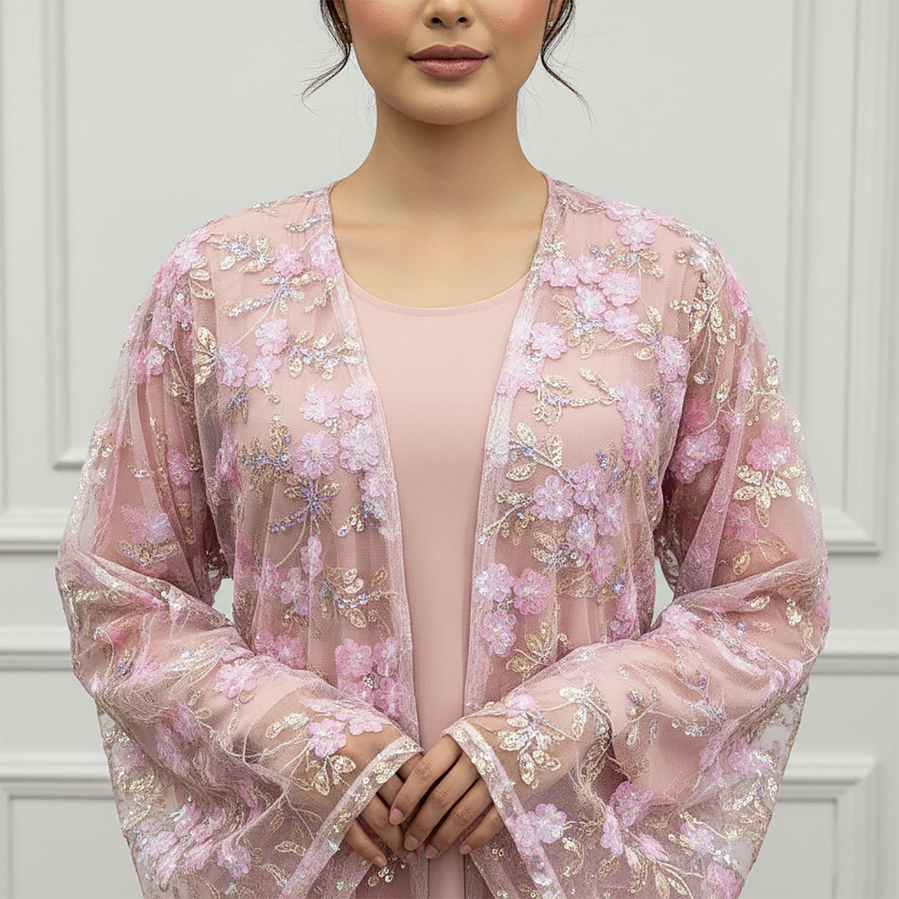 Nukhbaa Pink 3D Floral Sequined Flared Sleeves Net Women's Evening Abaya with Hijab & Matching Inner-women-arabicclothing-abayas-image-2