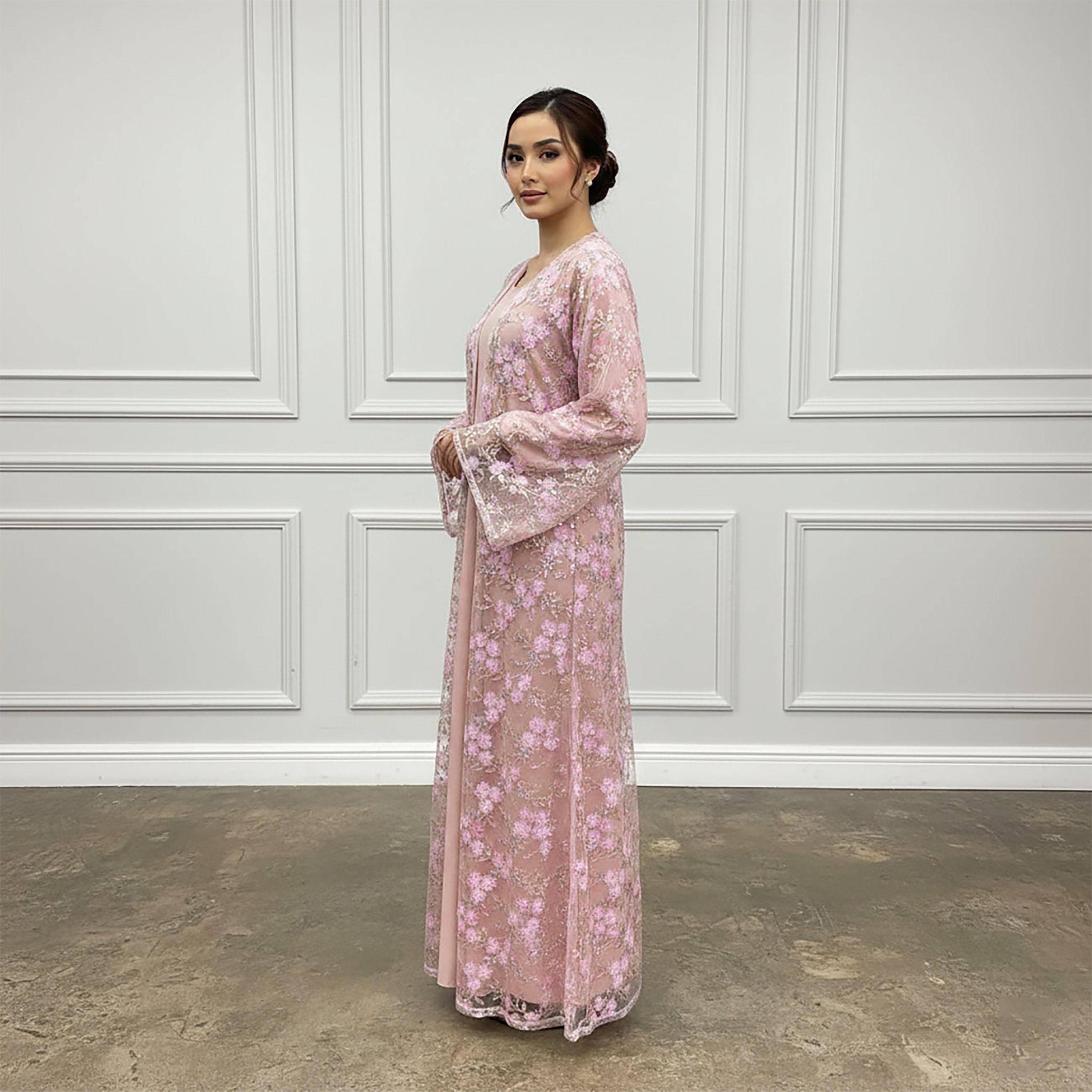 Nukhbaa Pink 3D Floral Sequined Flared Sleeves Net Women's Evening Abaya with Hijab & Matching Inner-women-arabicclothing-abayas-image-3